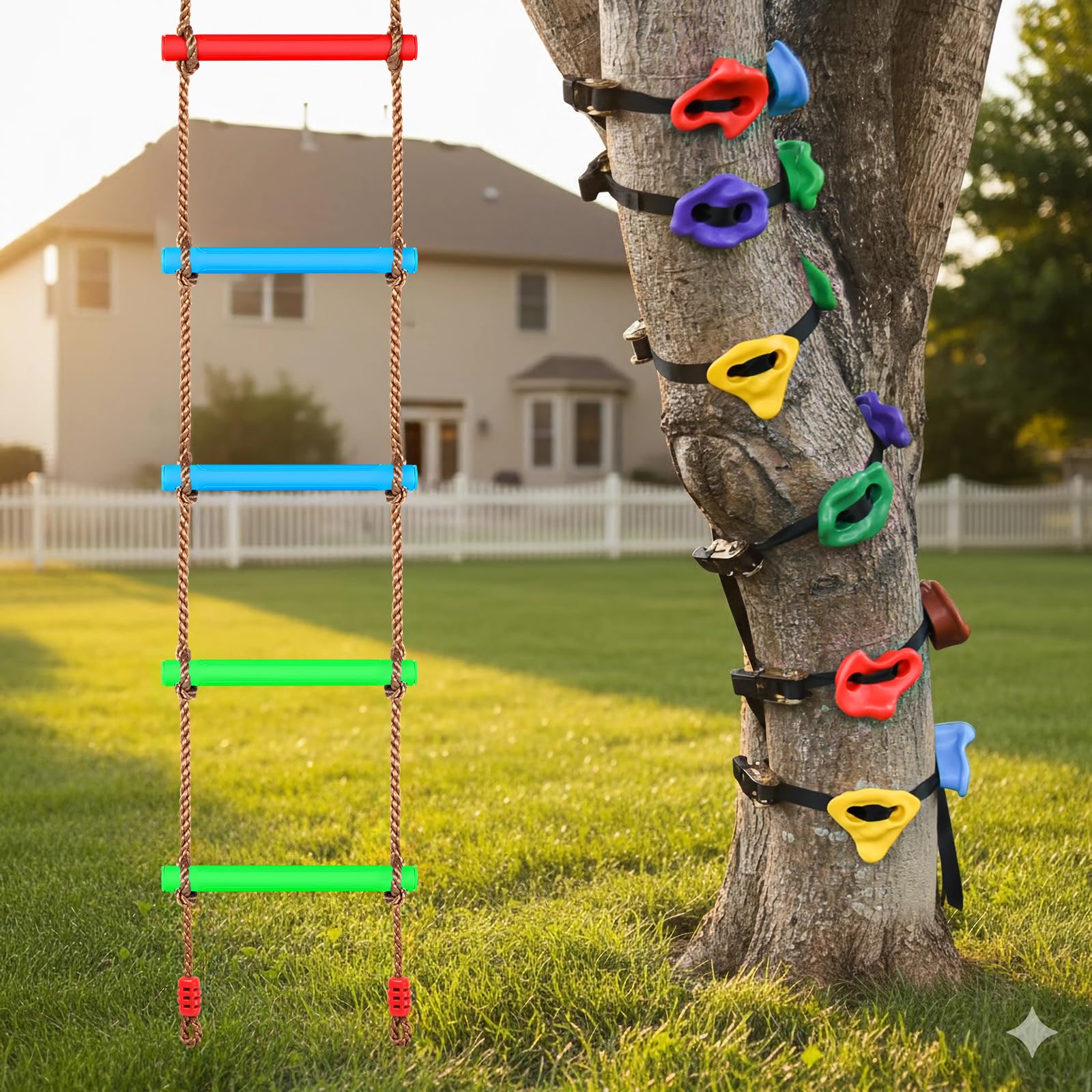TOPNEW 12 soportes de escalada de árboles Ninja para trepador de árboles, kit de escalada de árboles con escalera de cuerda de 6.6 pies para entrenamiento al aire libre de la carrera de obstáculos