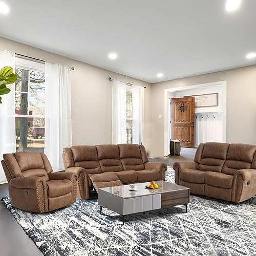 Miniatura 7 de EBELLO Sofá reclinable manual de cuero, sofá biplaza de 3 asientos, sofá para sala de estar, muebles de dormitorio, sala de reuniones, marrón (sofá