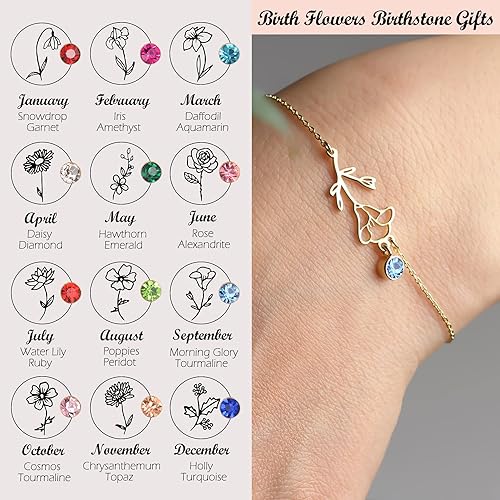 Miniatura 2 de Pulseras de Flores de Nacimiento, Chapadas en Oro de 14K, Pulseras con Dijes de Piedras Natales Florales del Mes de Nacimiento, Joyería de Flores