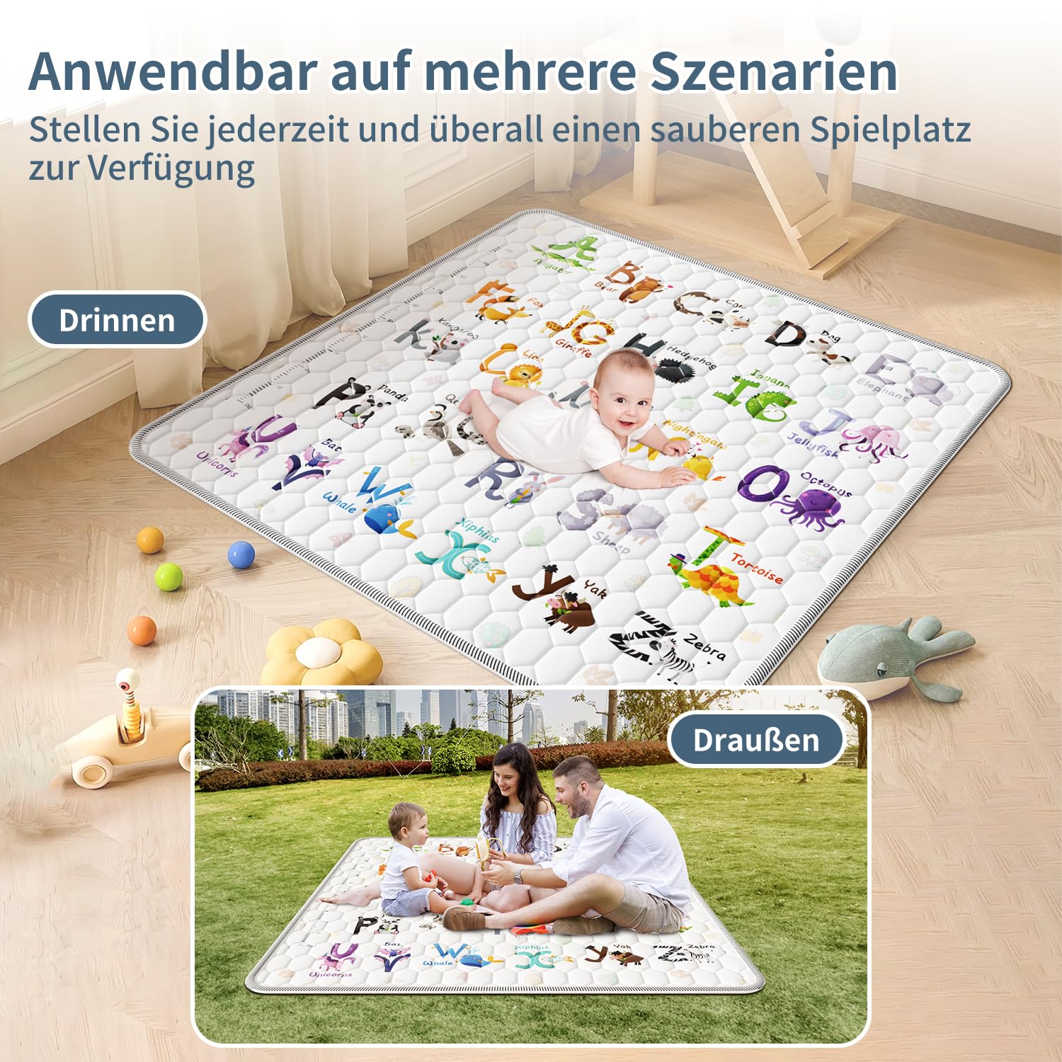 Tappeto Gioco Bambini 127x127cm,Addensare Tappeto Gioco Neonato Pieghevole con 26 Lettere,Stampa Animalier e Righello per l'altezza,Educare Tappeto Neonato,Antiscivolo,Lavabile in Lavatrice