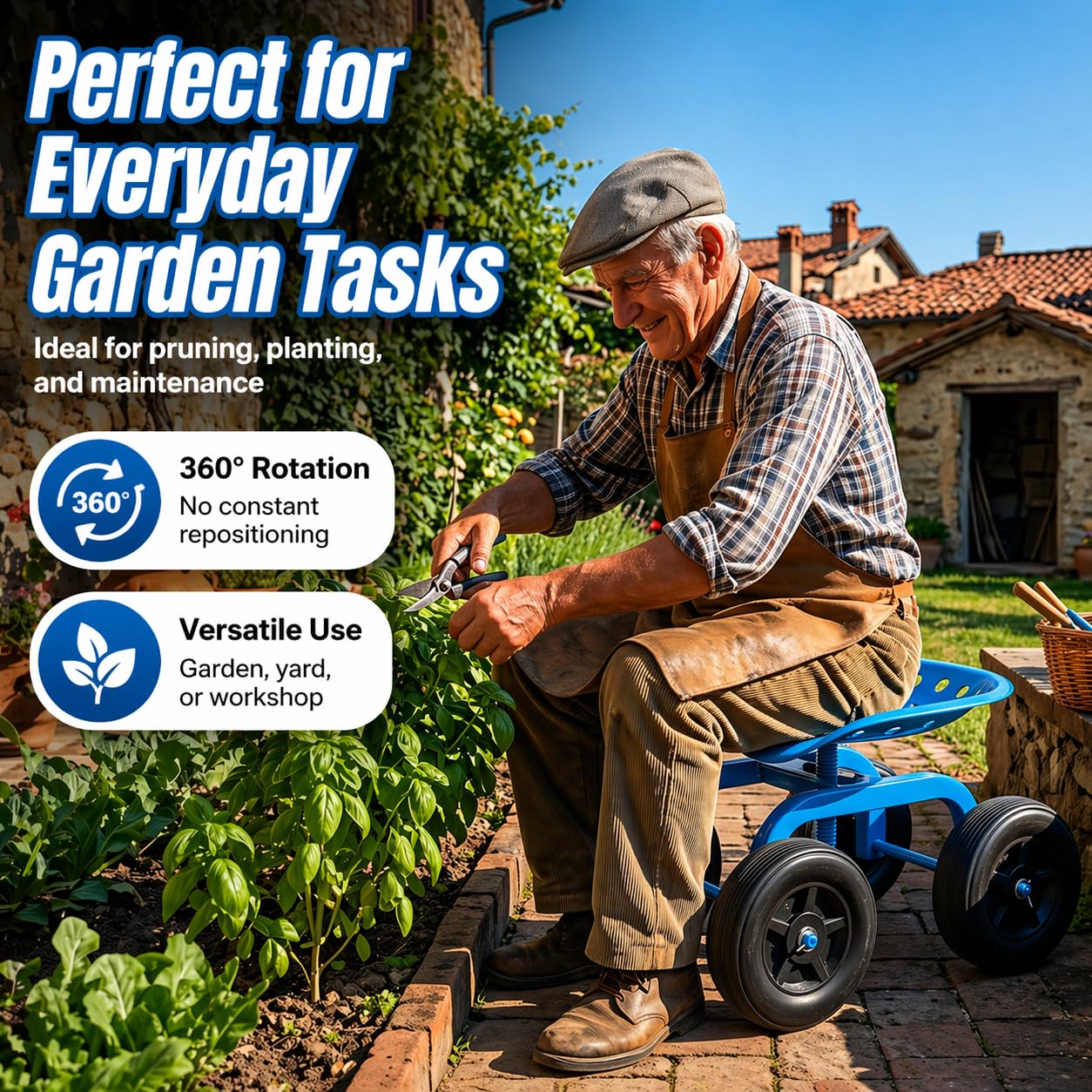 KATSU Tools Carrito de jardín rodante, taburete de taller, giratorio 360° y asiento de trabajo ajustable en altura, para tareas al aire libre, reparación de automóviles