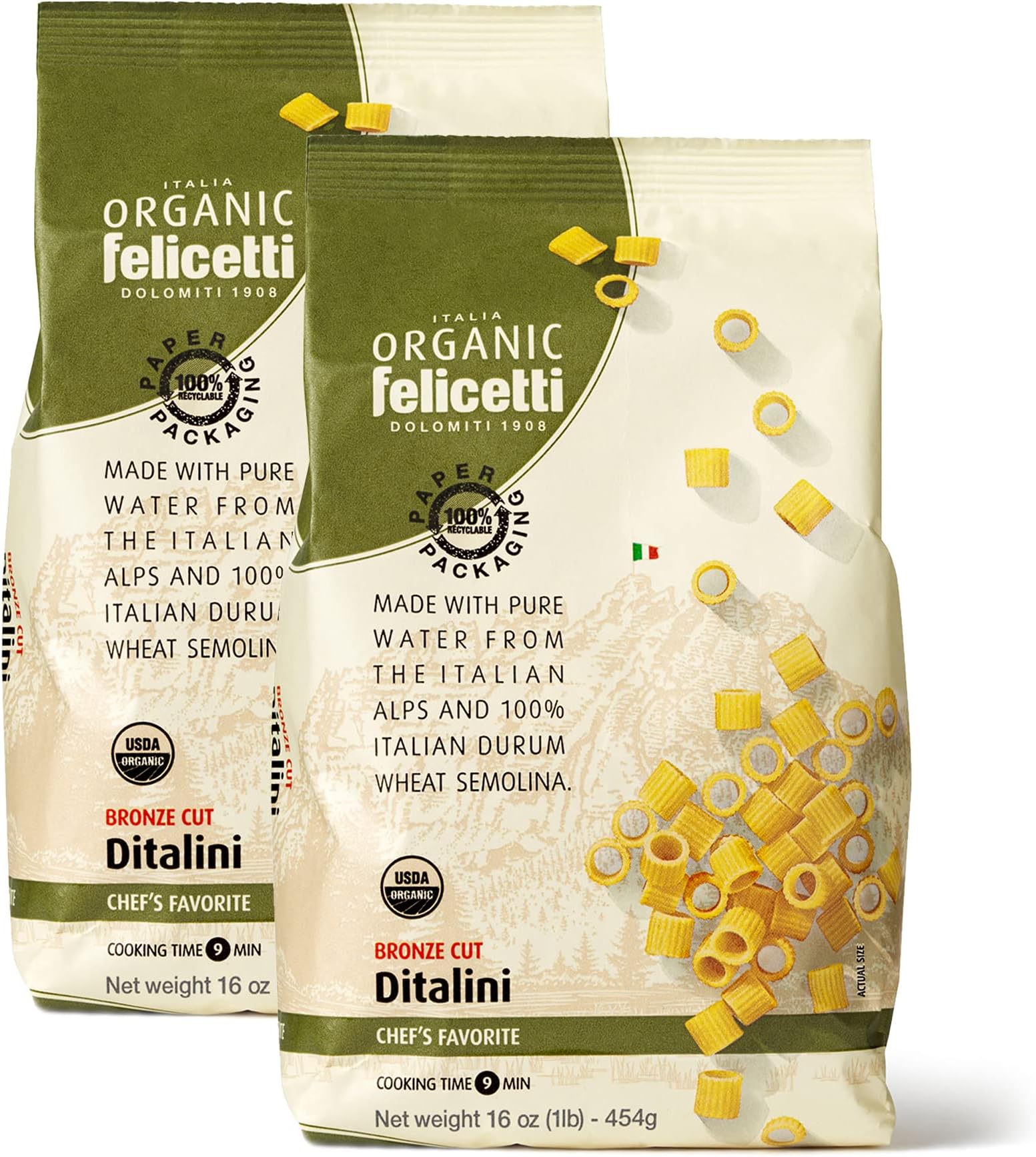 Organic Felicetti Ditalini Pasta Italian Non-GMO 16oz (454g) 2 Pack