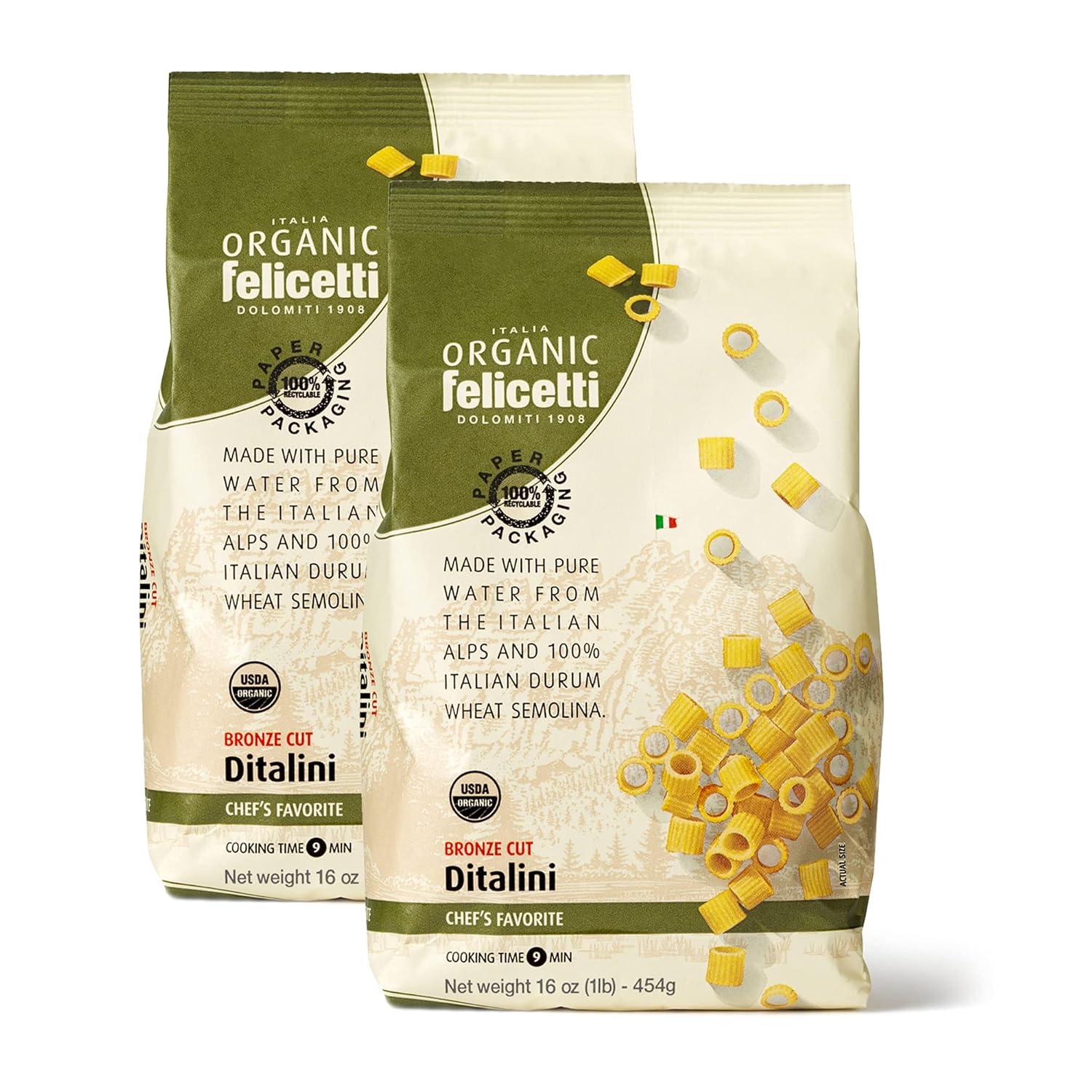 Organic Felicetti Ditalini Pasta Italian Non-GMO 16oz (454g) 2 Pack USDA Organic