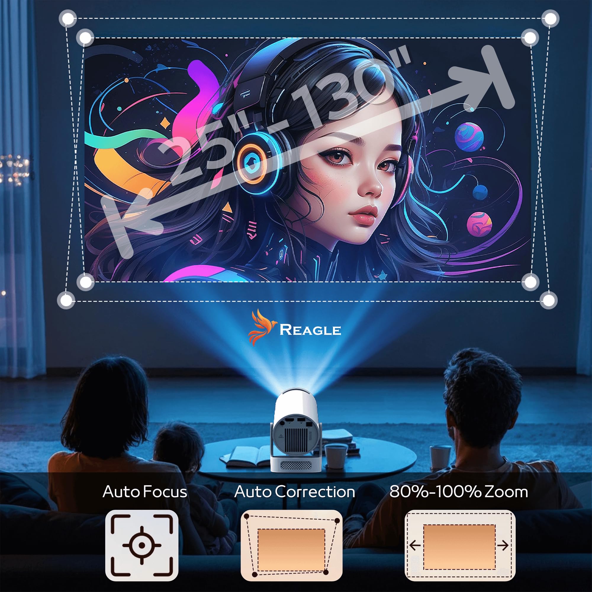 REAGLE R-Movielum-P10 Mini videoproiettore intelligente con Android 14, con supporto girevole a 180°, supporto Full HD e 4K 2GB+16GB 130", 260 ANSI, telecomando Home Theatre ± 40°
