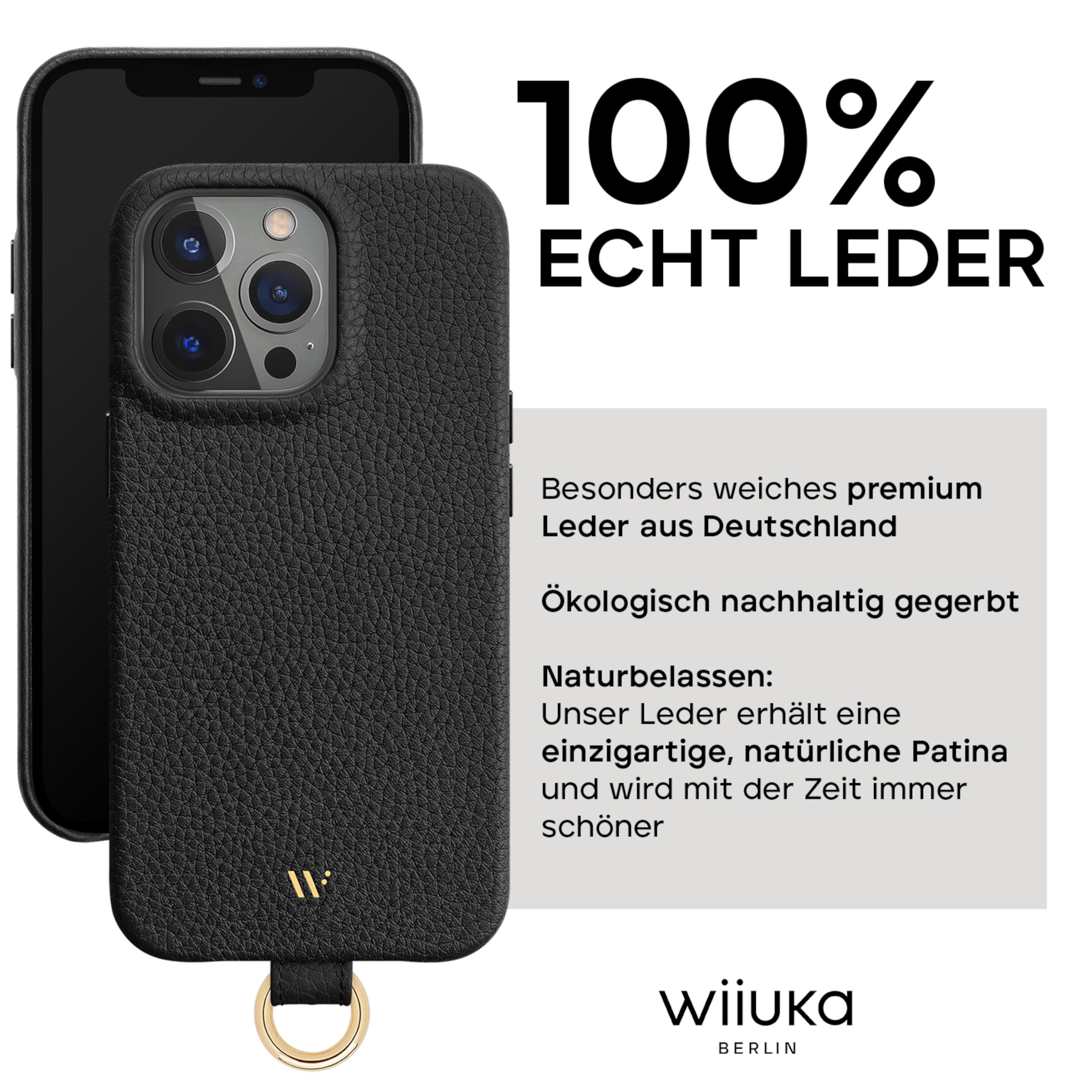 WIIUKA Etui do iPhone 14 Pro, skórzane etui z Niemiec, skórzane etui na telefon komórkowy, etui premium, etui na telefon komórkowy, etui, łańcuszek do zawieszenia, czarne