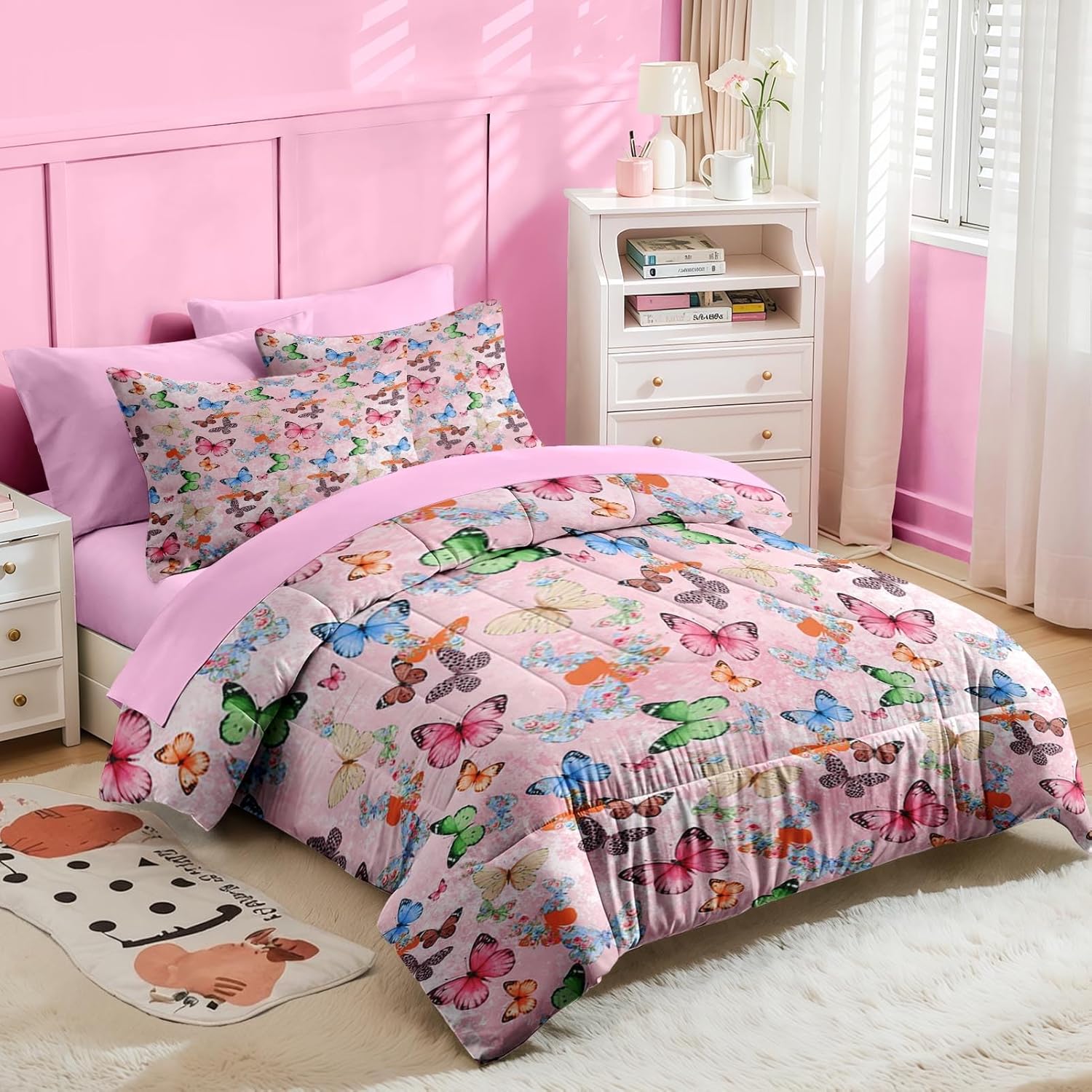 Nesker 7 Pcs Comforter Set Queen Size, Colorful Butterfly Bedding for Kids Teen, Cute Butterflies with Fitted Sheet 2 Pillowcases & 2 Shams for Bedroom Bed Decor - Image 4