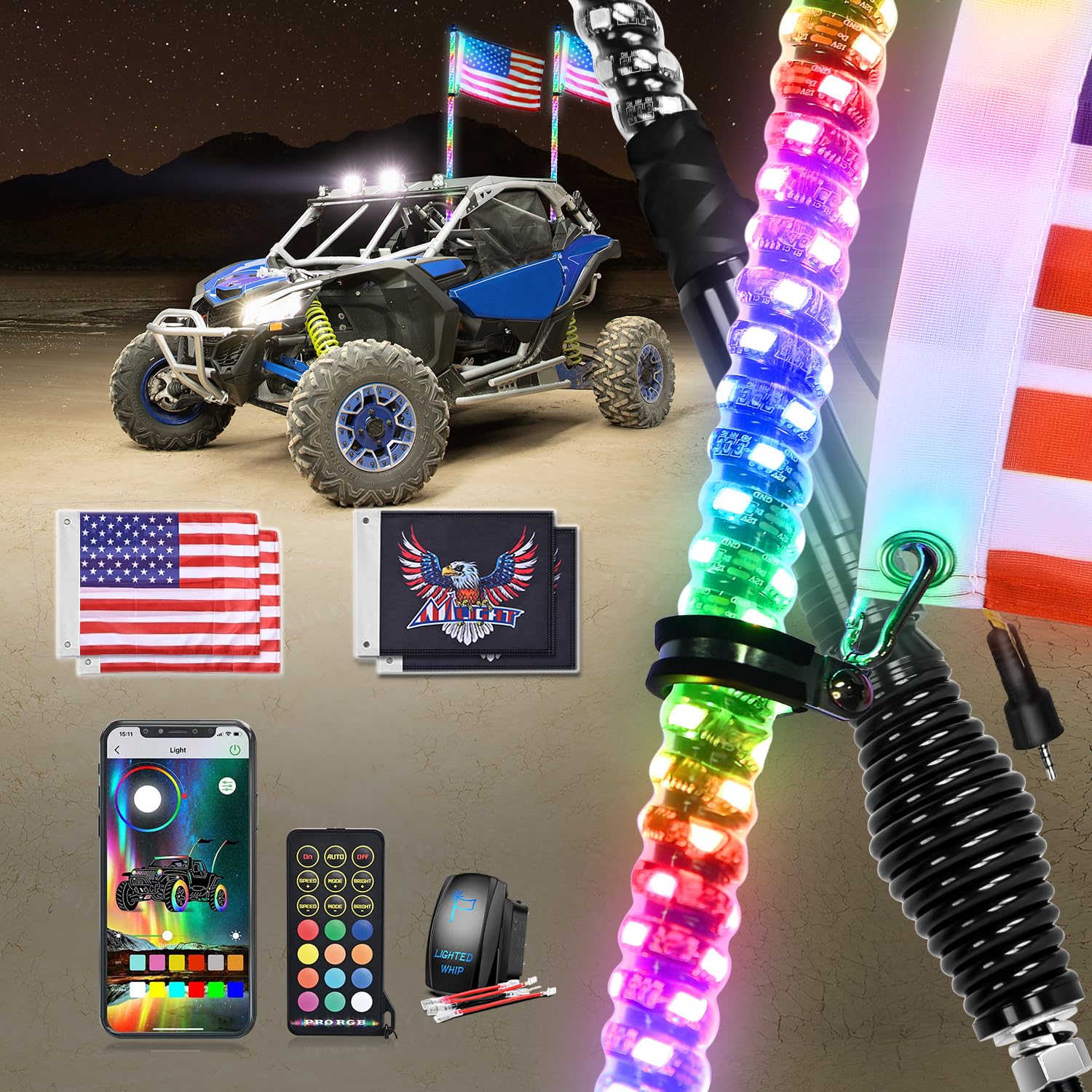 Nilight 2PCS 3FT RGB LED Whip Light Remote App Control for ATV UTV Polaris