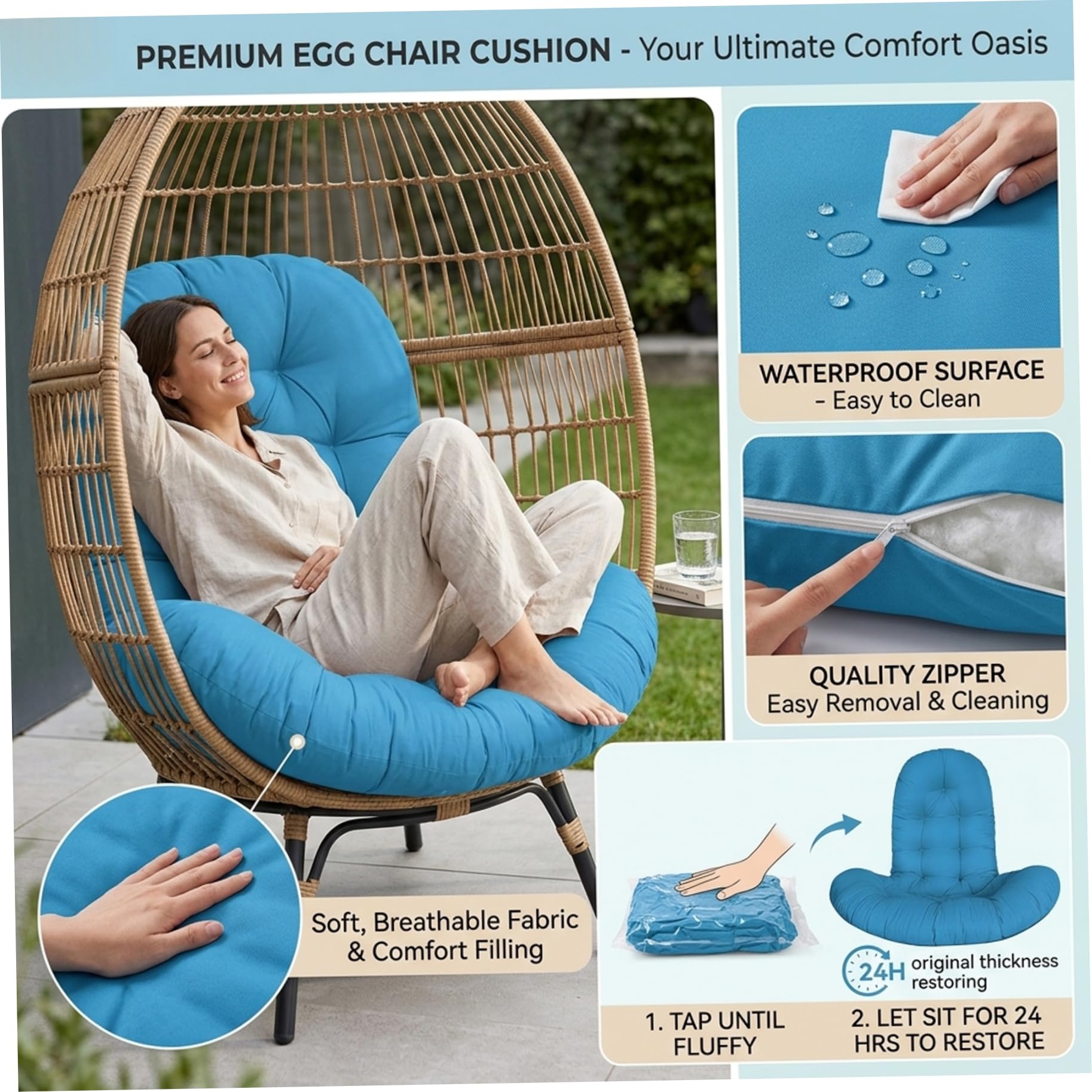 Reemplazo de cojín para Silla Tipo Huevo, cojín Grueso de Felpa para Silla con Respaldo Alto para Exteriores, Patio, jardín (café) Columpio de Repuesto para Huevo Colgante