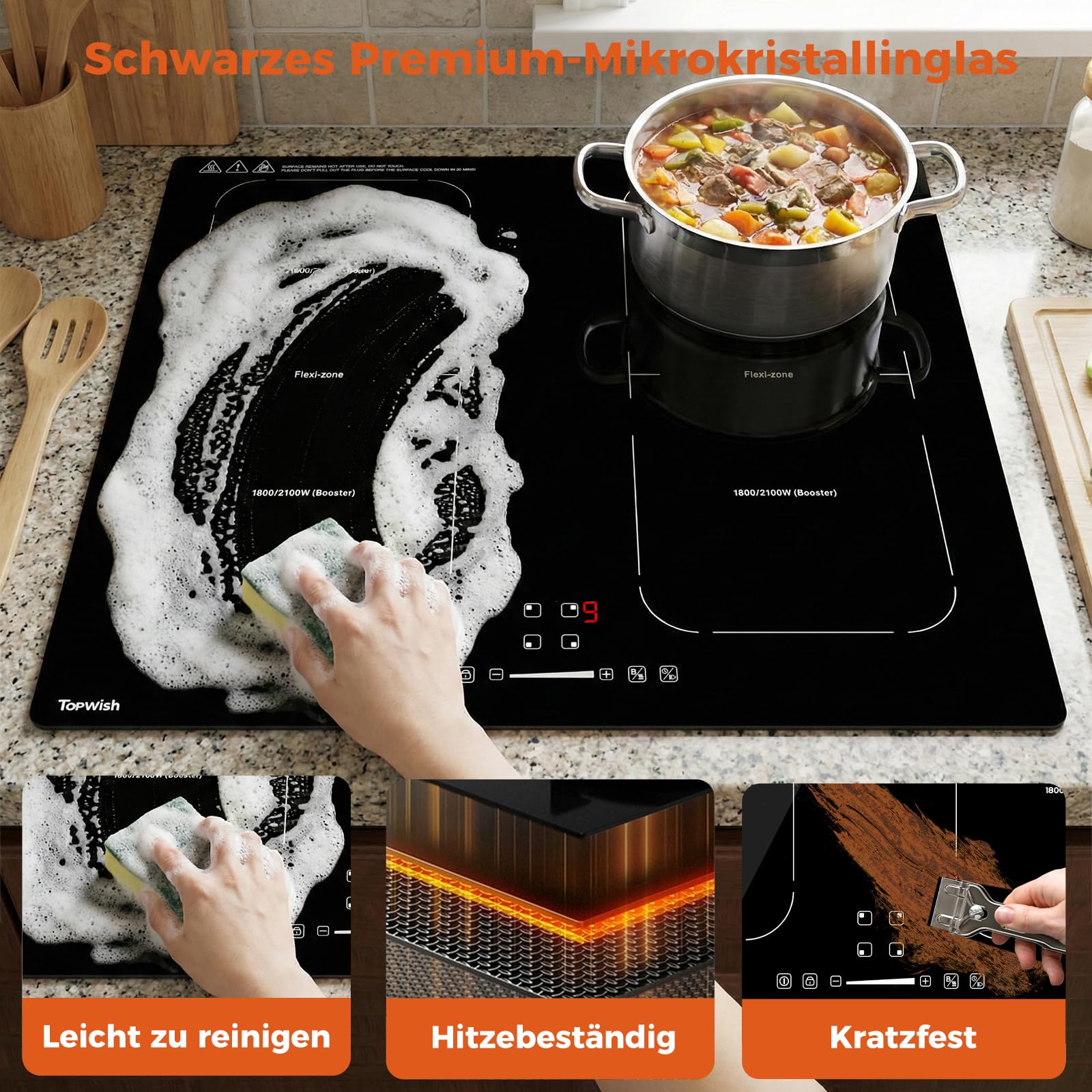 Topwish Płyta kuchenna indukcyjna 4 płyty z strefami Flex, płyta kuchenna do wbudowania 60cm, płyta grzewcza 4 pola z funkcją Boost, zegar, zabezpieczenie przed dziećmi, ochrona przed przegrzaniem i