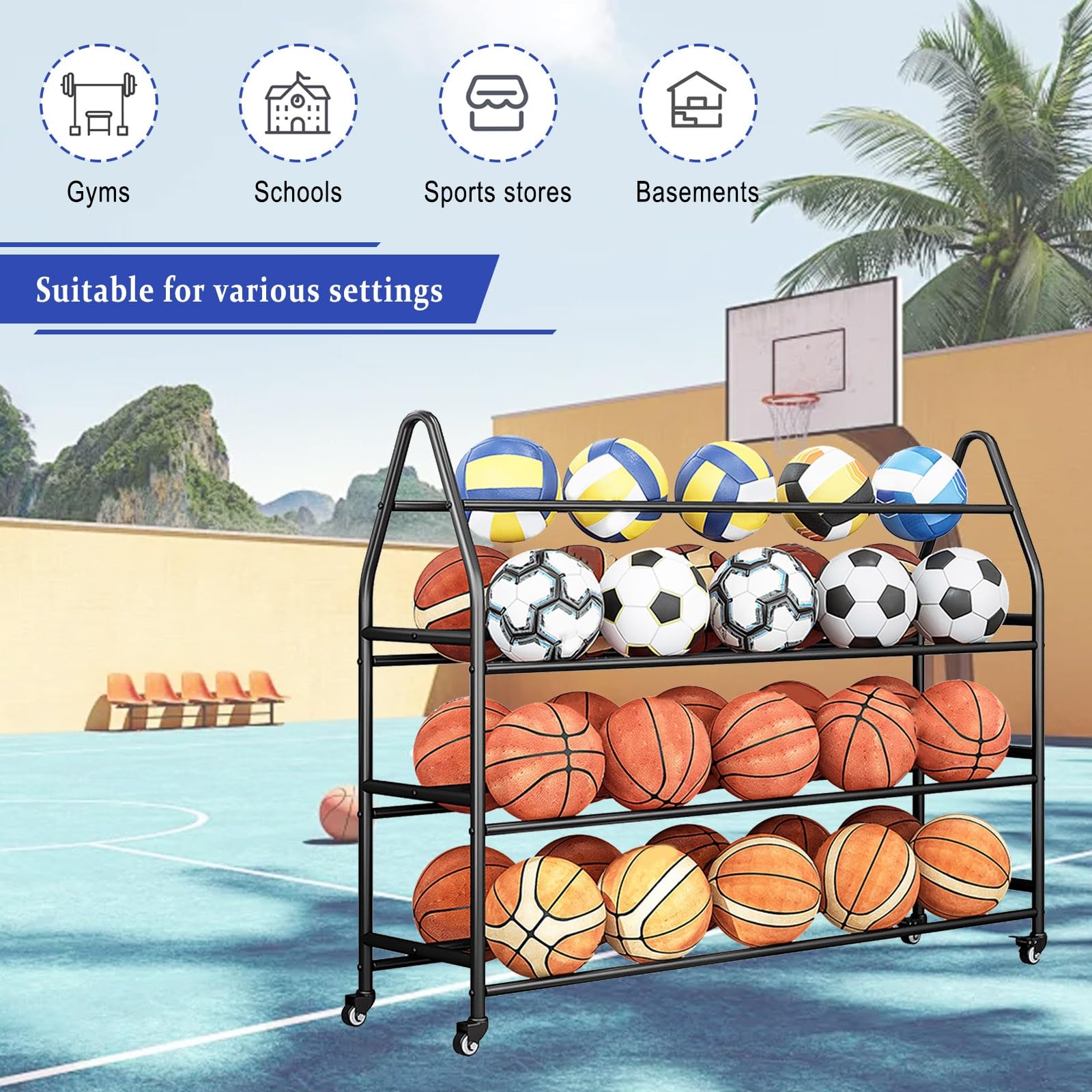 Estante de baloncesto para almacenamiento de pelotas, soporte vertical para equipos deportivos de interior/exterior, adecuado para pelotas de baloncesto y otras pelotas