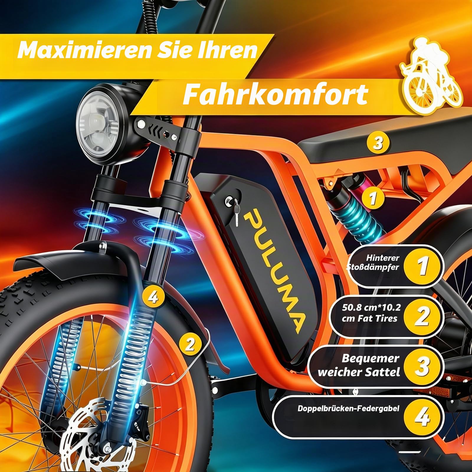 Elektrofahrrad für Erwachsene, abnehmbarer 52 V und 20 Ah Akku, breite und verstärkte rutschfeste Reifen, geeignet für Mountainbike und tägliche Fahrten, mit Scheibenbremsen und langer Akkulaufzeit