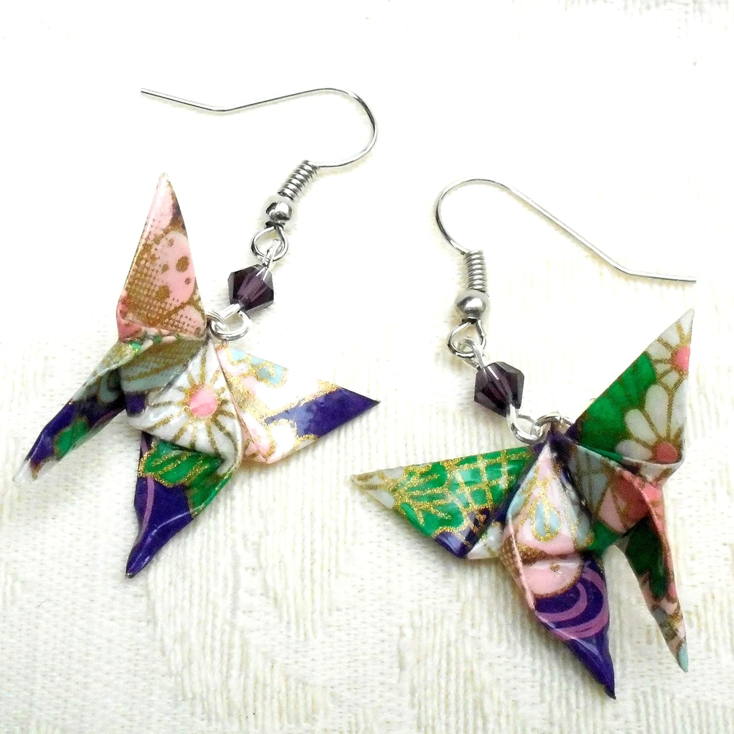 Handcrafted Origami Paper Butterfly with Glass Beads Earrings, First Anniversary Mother's Day Gift