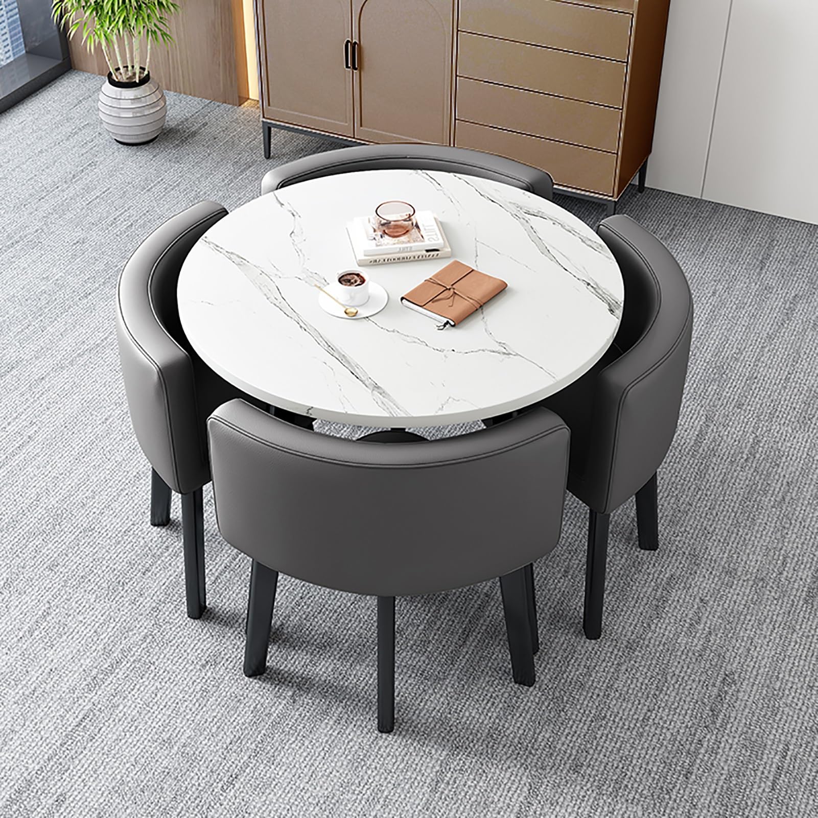 Set da pranzo/caffè rotondo piccolo PUMPIE da 5 pezzi, ideale per ufficio, hotel, hall, area relax, casa e balcone. 1 tavolo e 4 sedie, grigio scuro.