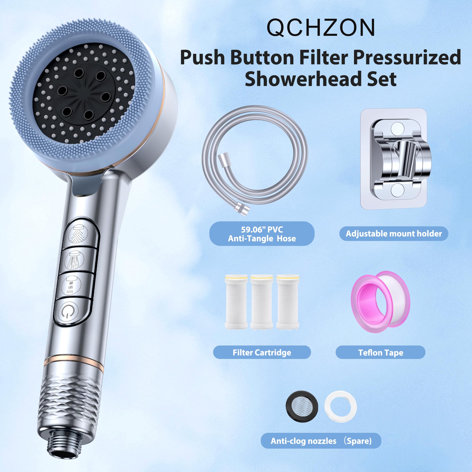 Push-Button Filtered Shower Head with Handheld,4 Modes High Pressure Shower Heads with Filter Mineral Beads,Reusable,Adjustable Handheld Showerhead Set,Includes 3 Filters - Image 2