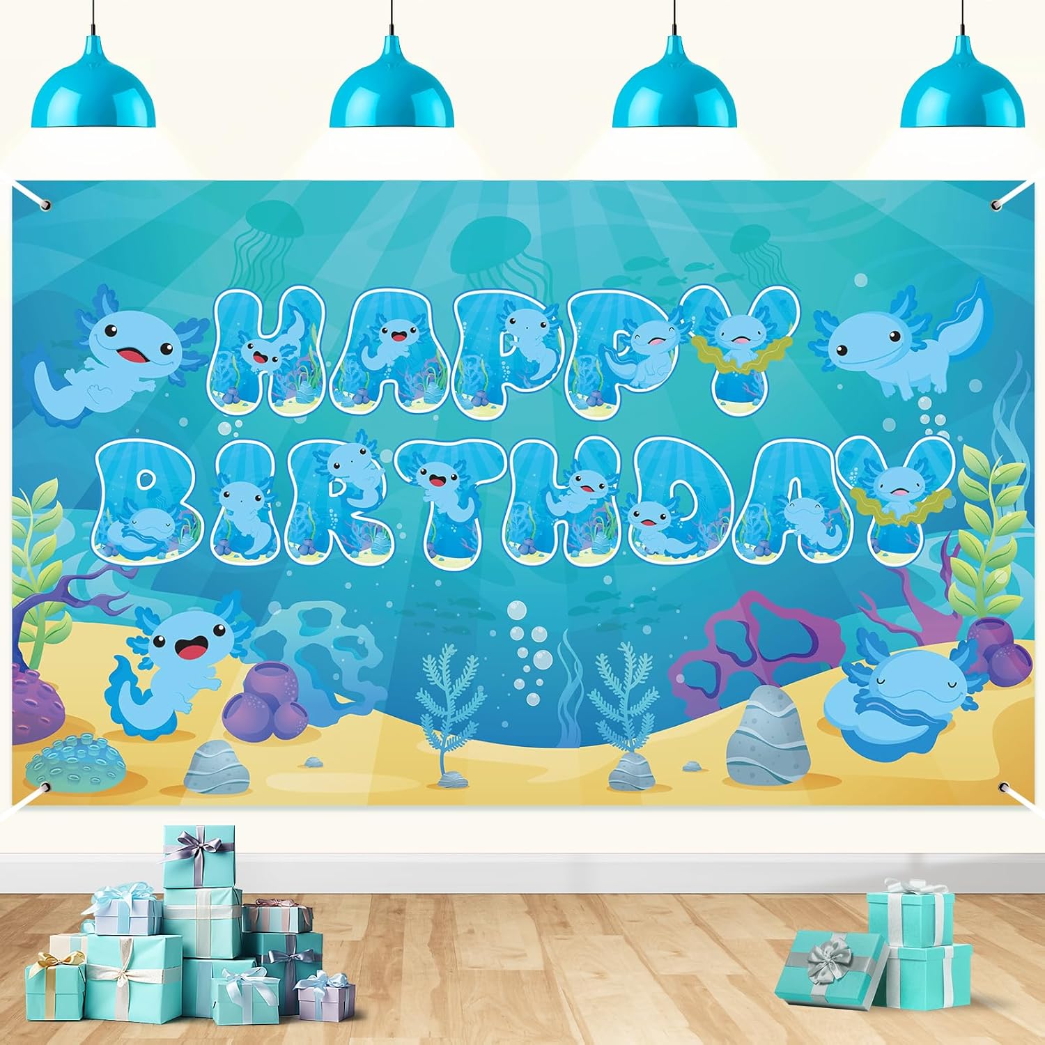 Axolotl Birthday Decorations Blue Axolotl Happy Birthday Banner Backdrop Large Cute Axolotl Birthday Photo Booth Banner Background for Boys Kids Baby Shower Axolotl Theme Party Supplies 71x43.3 Inches