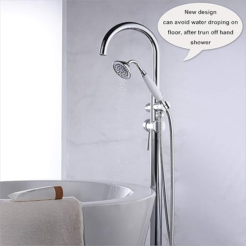 Miniatura 5 de Grifo de bañera montado en el piso, grifos de llenado de bañera independientes cromado alto caudal 11.9GPM con montaje de ducha manual LLGG