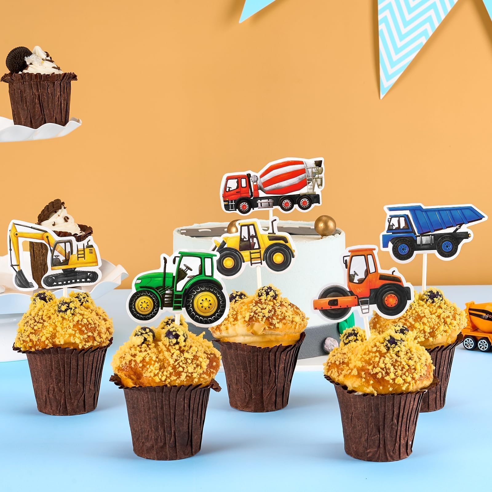 Construction Cupcake Toppers - 48 Pcs Dump Truck, Excavator, Tractor Cake Picks For Kids Birthday Party - View #4