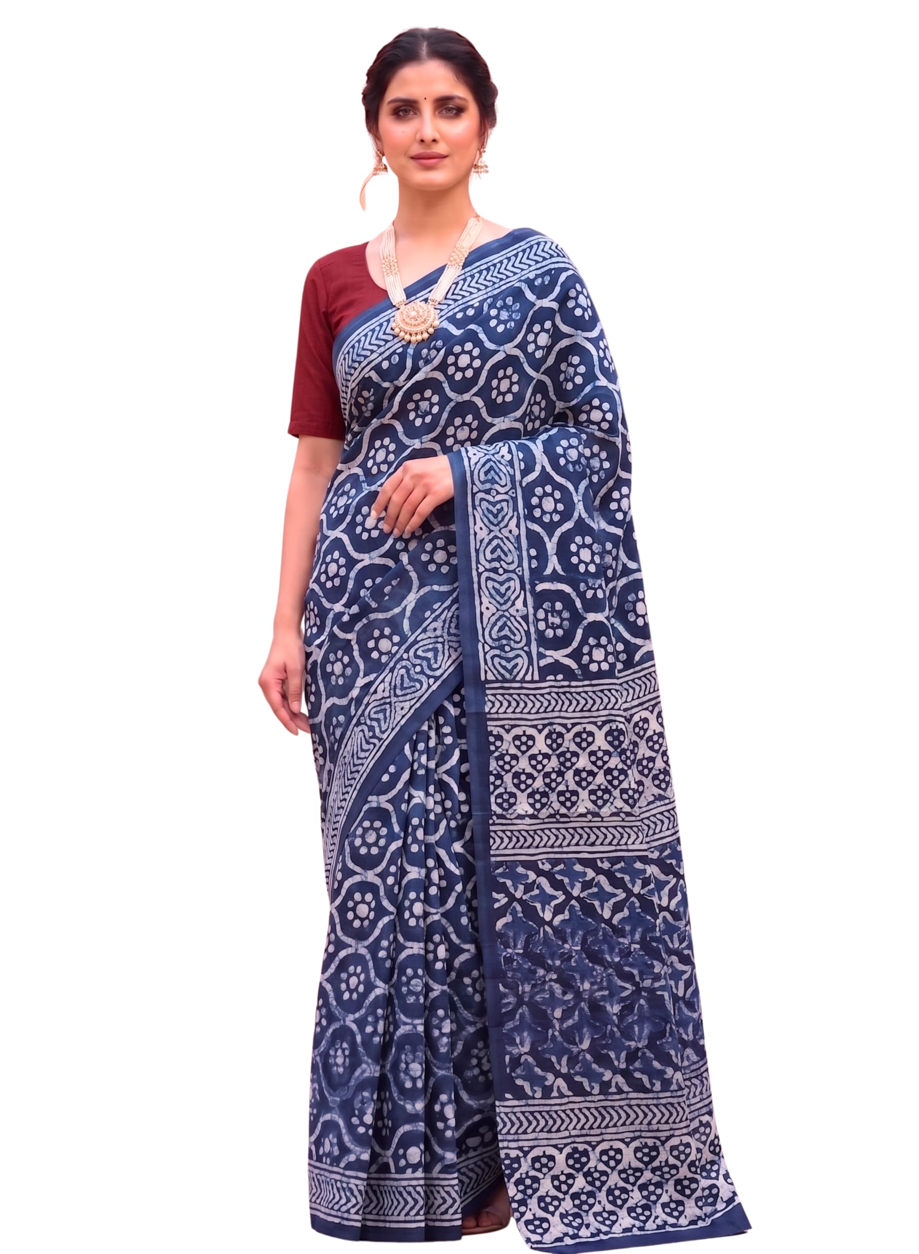 Indigo Blue Hand-Block Print Cotton Saree Traditional Indigo Craft Lightweight Everyday Elegance (Includes Blouse Piece)-image-19
