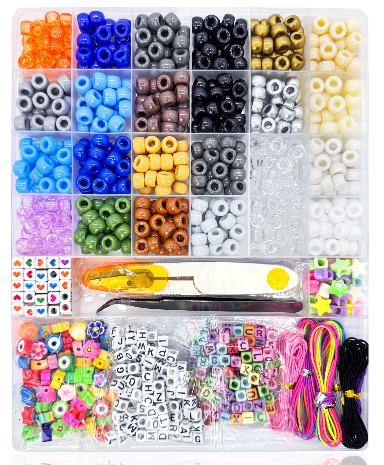 LYMOOR 900 Pony Beads, 200 Letter Beads Jewelry, 60 Colorful Clay Bead, Kandi Bracelet Making Kit for Girls, 30 M Elastic Rope, Scissors Tweezers, DIY Crafts Necklace Make Party Gifts Golden Grey