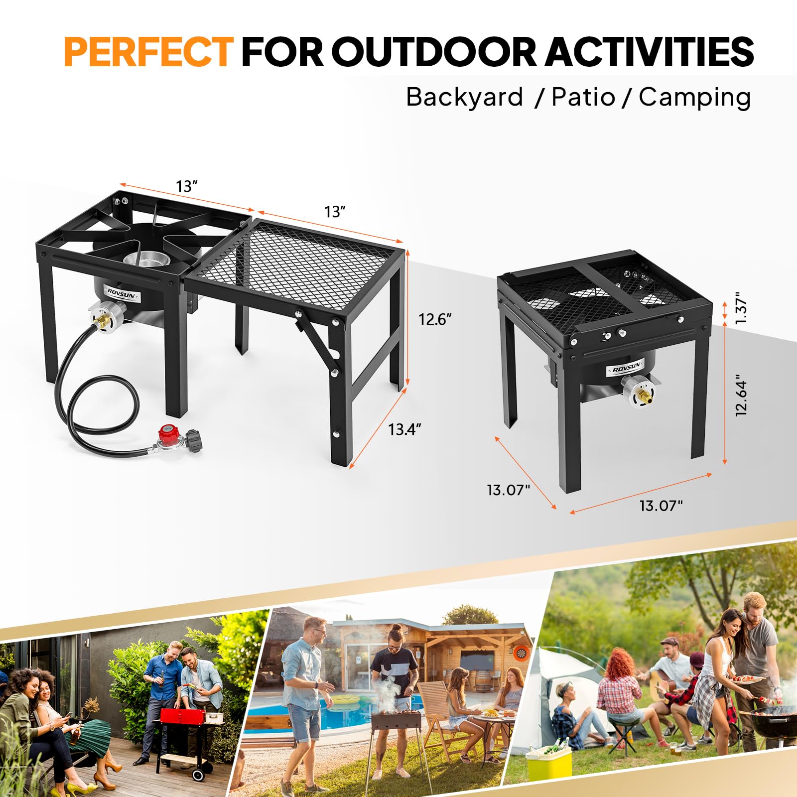 ROVSUN Estufa de gas propano portátil con estante lateral plegable, estufa de campamento de un solo quemador para cocinar al aire libre, camping, portón trasero, enlatado, freír pavo y hervir mariscos
