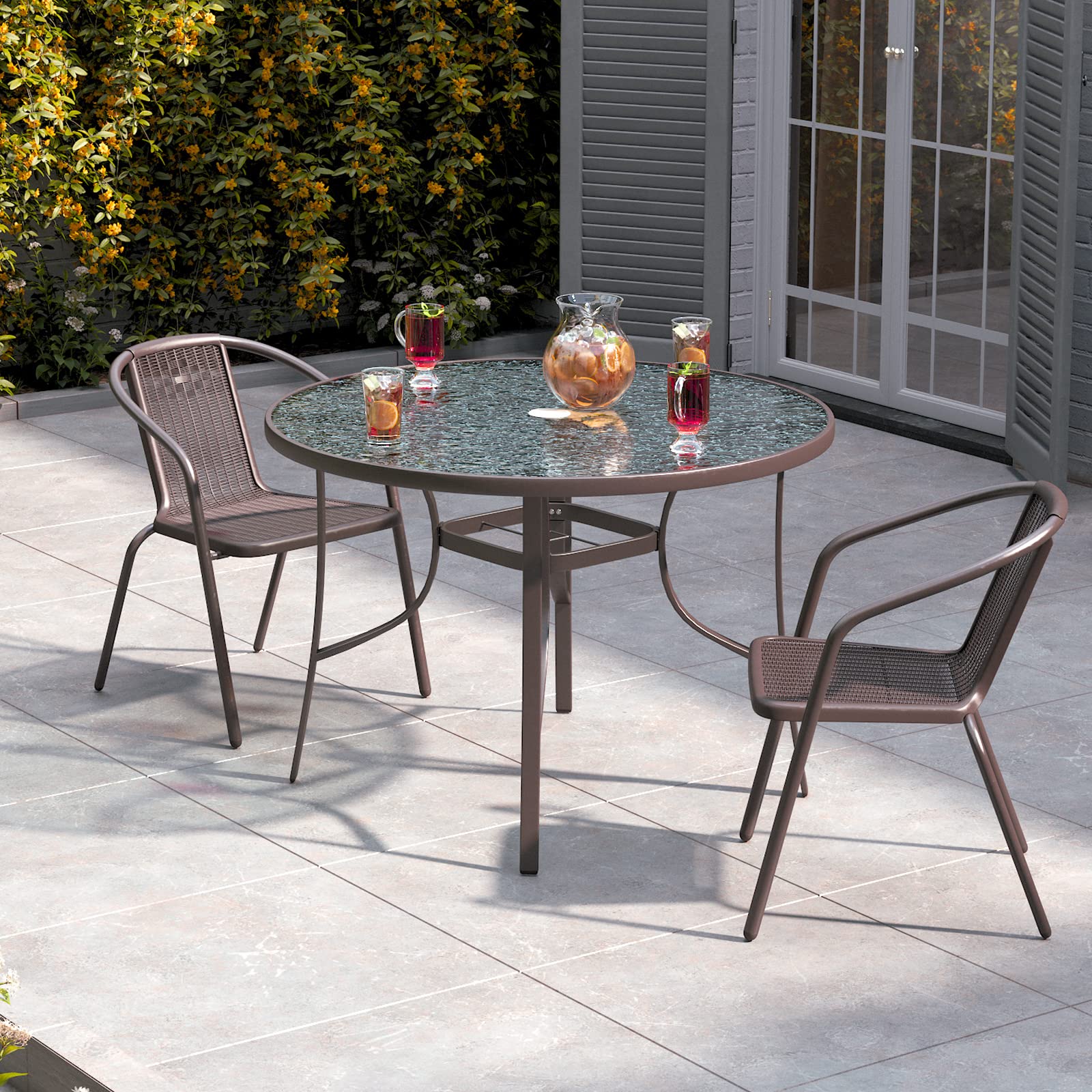 DKIEI Garden Furniture Sets Table & 2 Chairs Set 105CM Round Garden Dining Table with Parasol Hole Garden Rattan Bistro Chair for Patio Balcony Backyard Brown