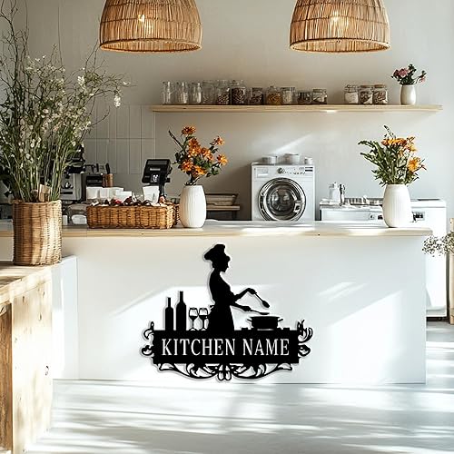 Miniatura 4 de Arte de pared de metal personalizado con nombre de chef, decoración de cocina personalizada con diseño de chef y batidor, letrero único grabado para