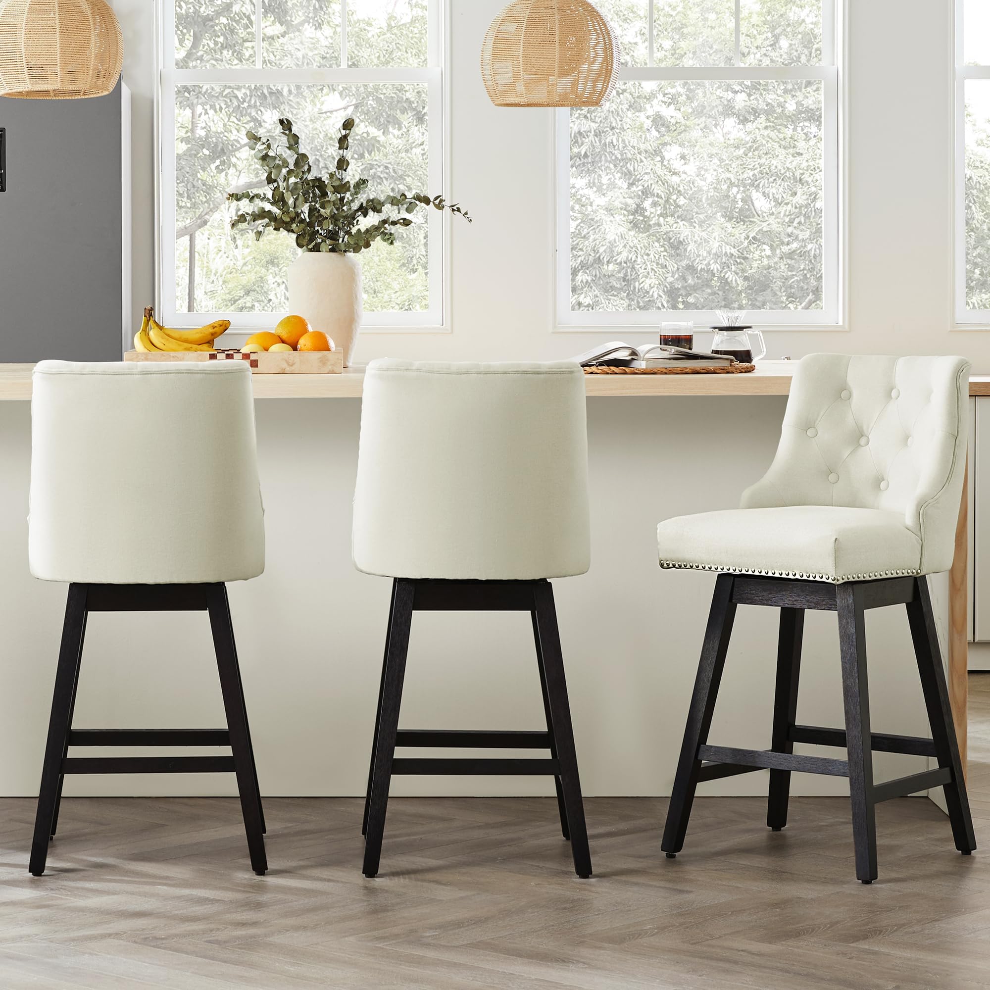 Swivel Bar Stools Counter Height, 26" Upholstered Swivel Counter Stools with Back Set of 3, Modern Kitchen Island Stools with Solid Wood Legs, White