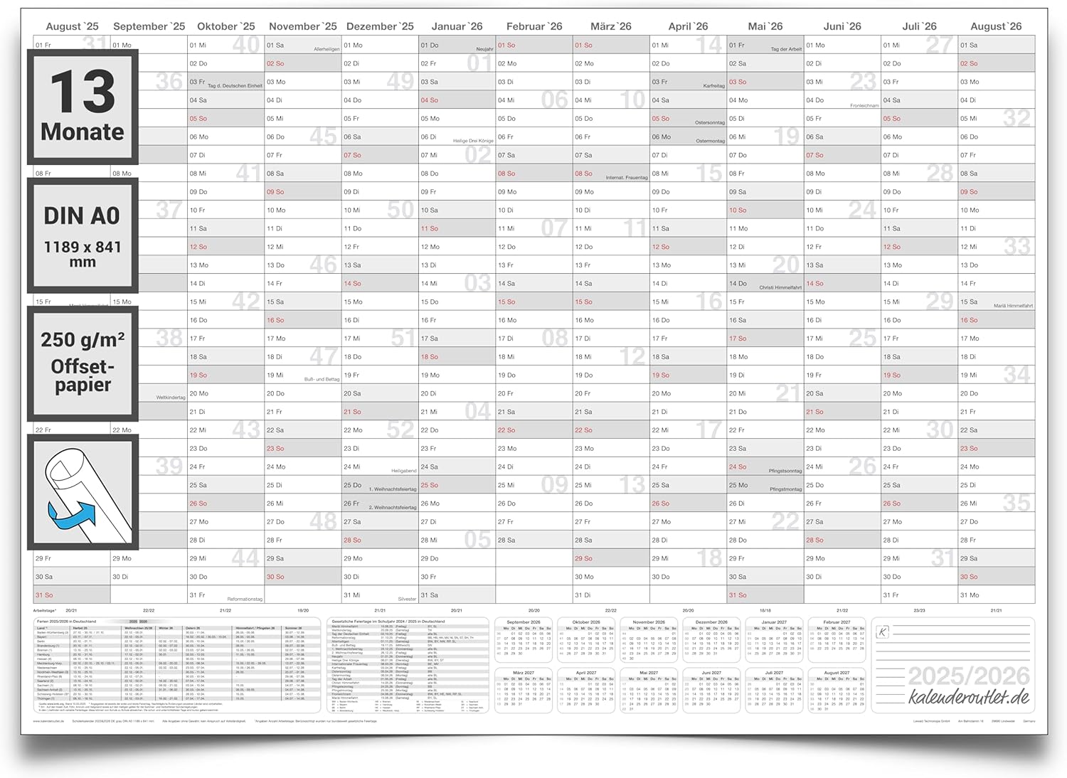 Schulwandkalender 2025/26 DIN A0 - XXL Kalender Für Lehrer & Schüler