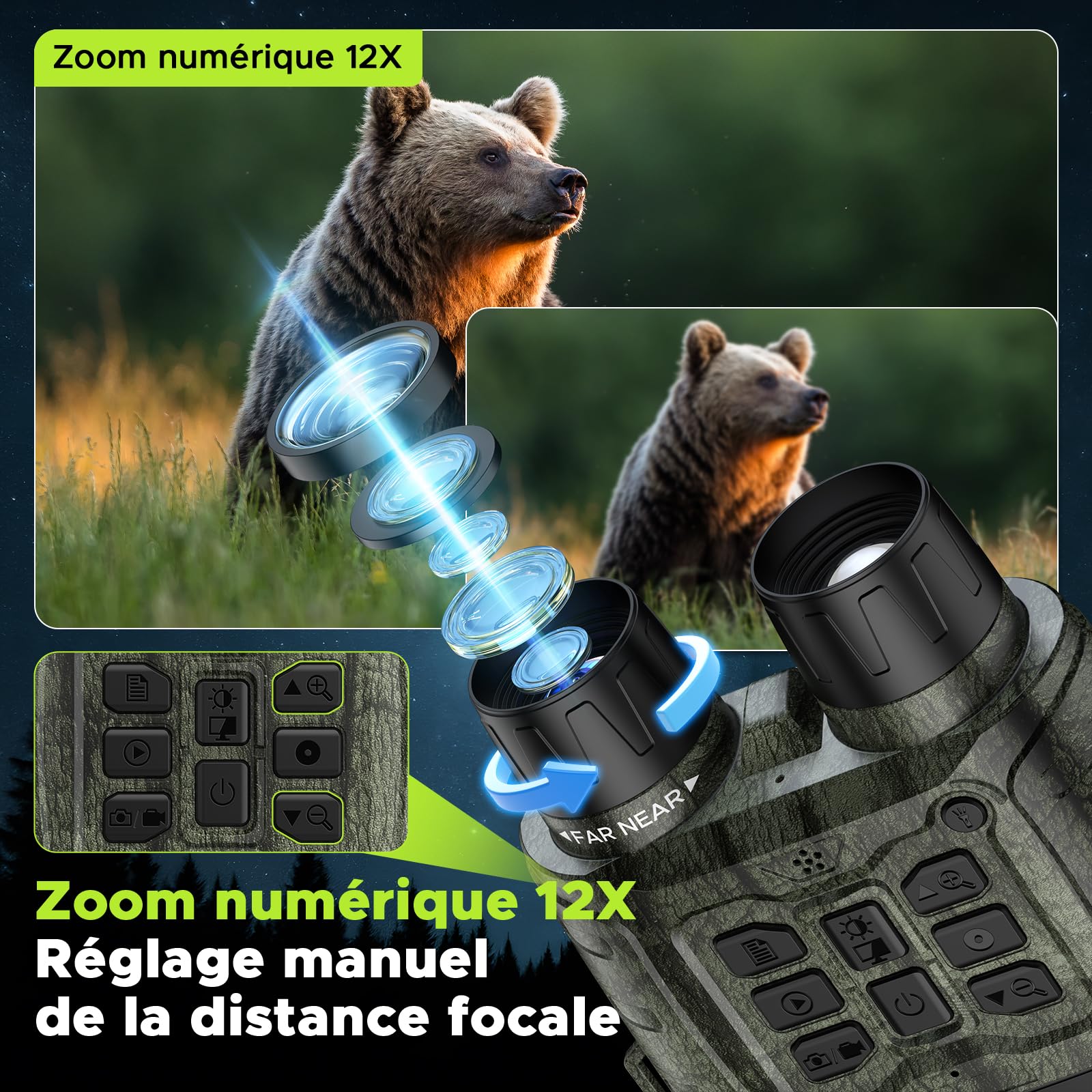Jumelles Vision Nocturne, 112MP 4K Jumelles Nocturnes avec Zoom 12X & Portée 400m, Batterie 5000mAh Rechargeable, Carte 64GB Incluse, Vision Infrarouge, Idéal pour Chasse, Camping & Sécurité