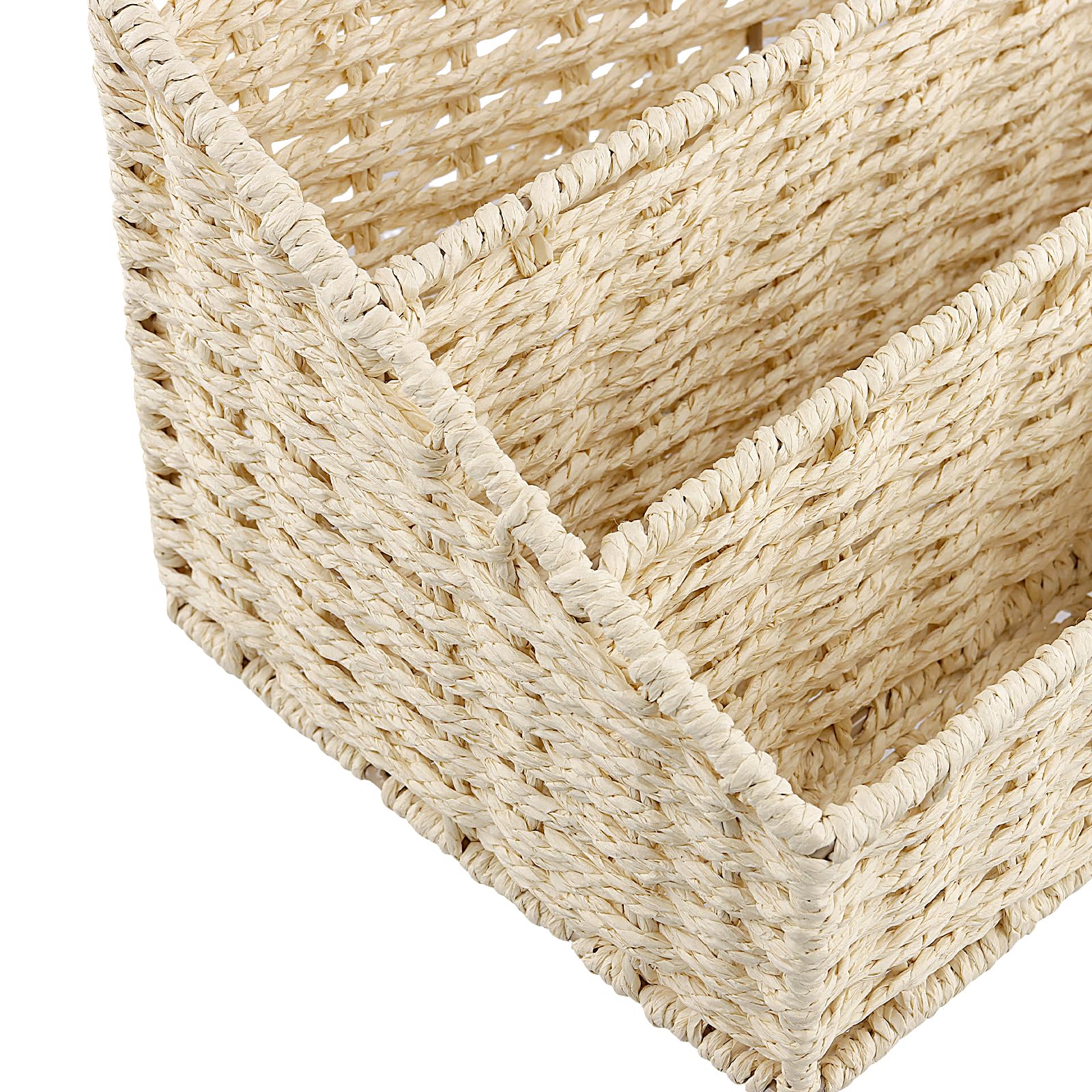 Organizer da Scrivania in Fibra Naturale, Portapenne con 4 Scomparti, Mensola a 3 Ripiani in Cordoncino di Carta e Ferro, Beige, 33 x 18 x 15,5 cm