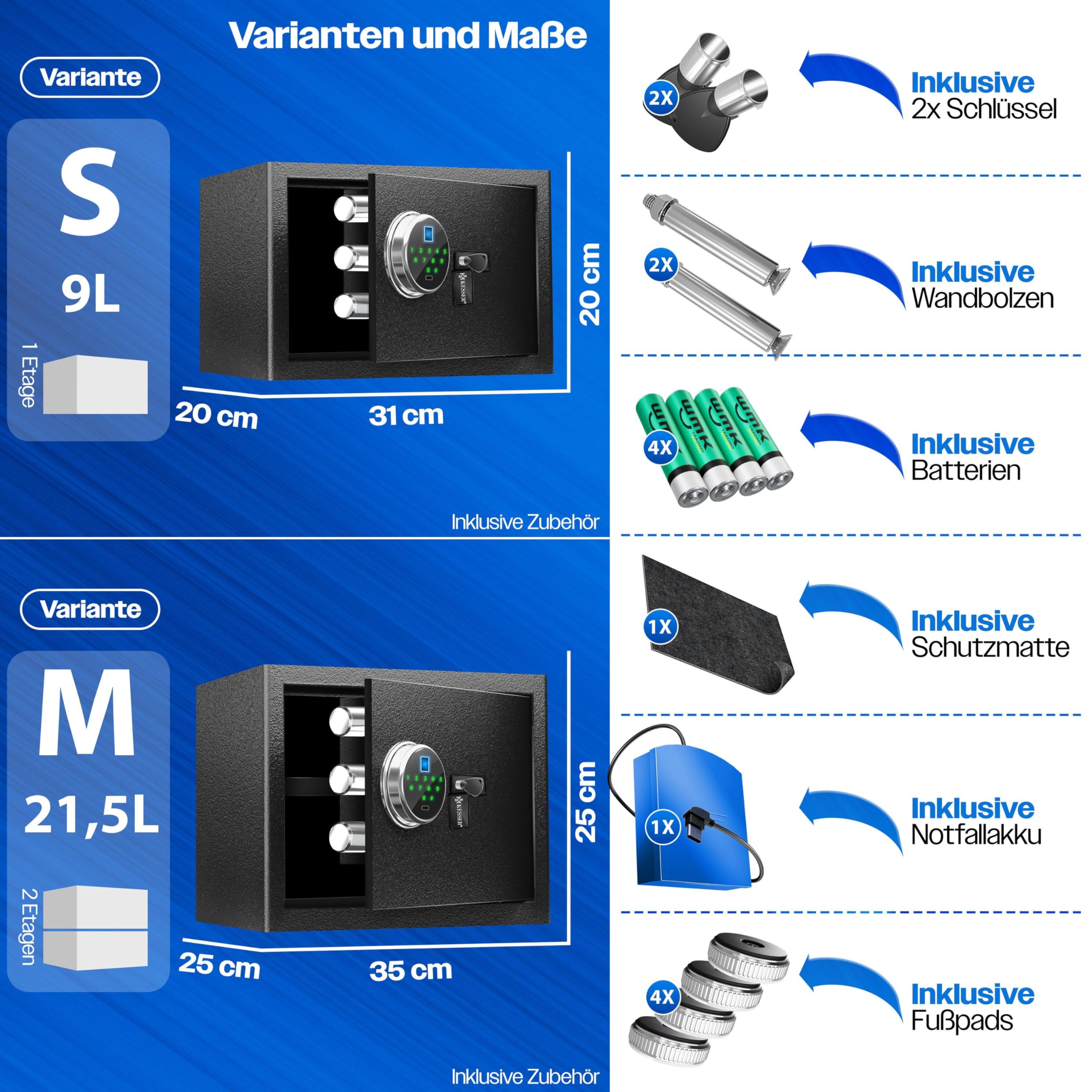 KESSER® Elektr. Tresor mit Fingerabdruck & Schlüssel M | Inkl. Notfallakku | Elektronischer Safe | 3x Doppelbolzenverriegelung | Boden Wandtresor | Möbeltresor | Panzerschrank Zahlenschloss Schwarz