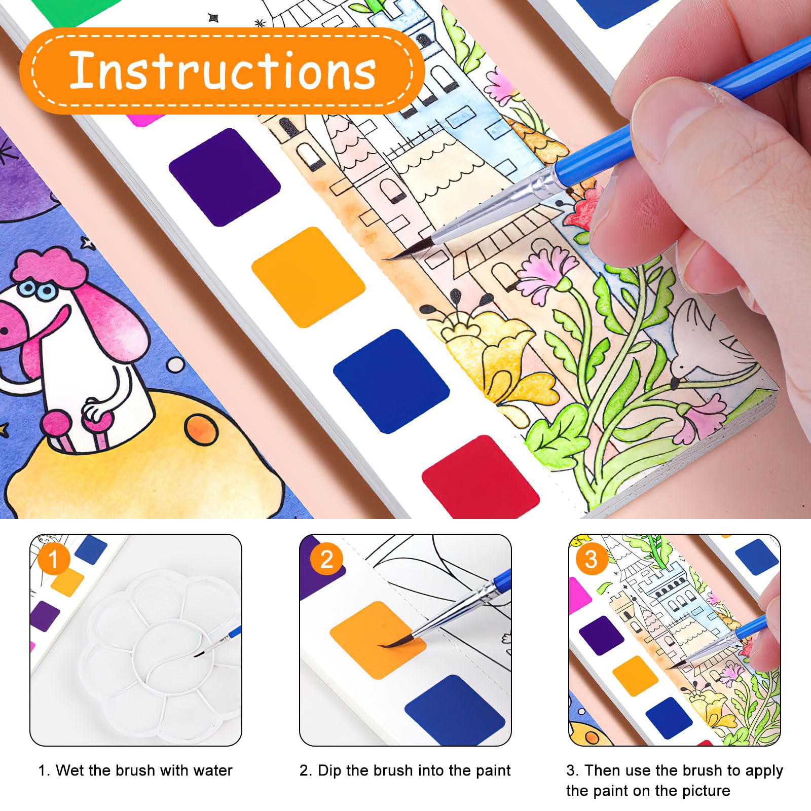 3 Libri Da Colorare Ad Acquerello Per Bambini – 60 Pagine Con Colori Inclusi – Temi Animali, Oceano, Estate – Portatili 15x13 Cm - 3
