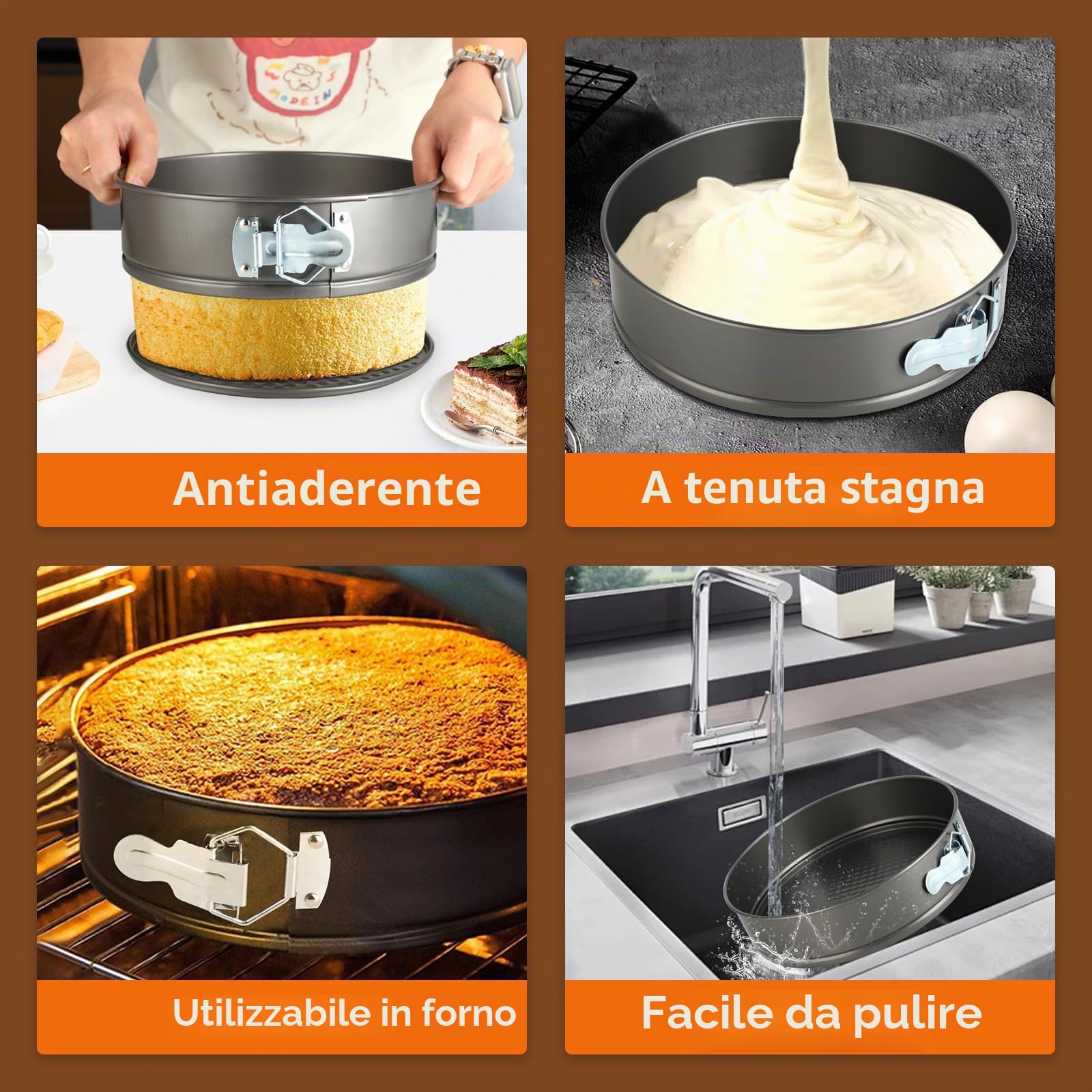Tortiera Apribile - Tortiera - Stampo Torta 20/22/24/26/28 cm - Teglia Forno Rotonda 5 PZ, Per Dolci Antiaderente Rotondo, Fondo Removibile, Impermeabile, Antigoccia, Per Torte, Pizza, Quiche (Nero)