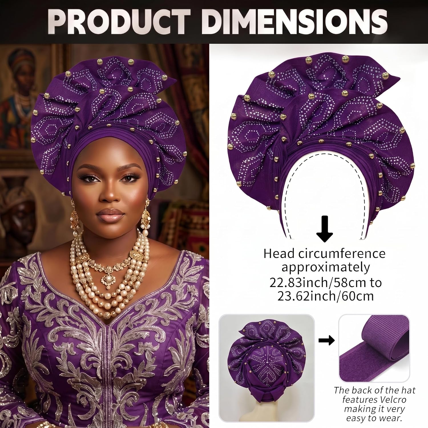 African Gele Head Wrap for Women, Nigerian Headpiece, Pre-Tied with Velcro, Beaded Turban Hat
