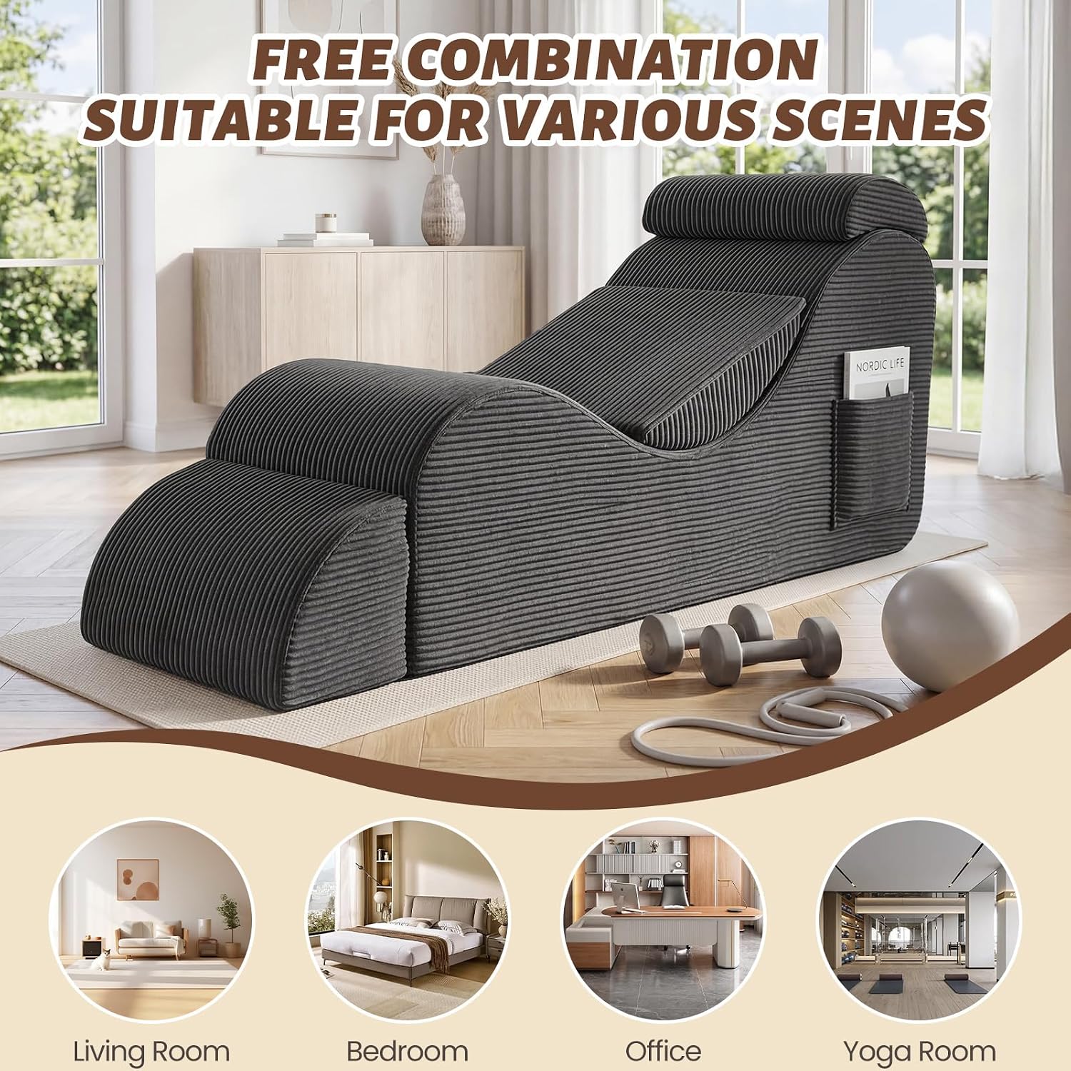 Yoga Chair Lounge for Adult, Ergonomic Foam Chaise Lounge Chair Indoor with Side Pocket, Headrest, Waist Pad, Ottoman, Perfect for Stretching, Massage, and Relaxation, No Assembly Required(Grey)