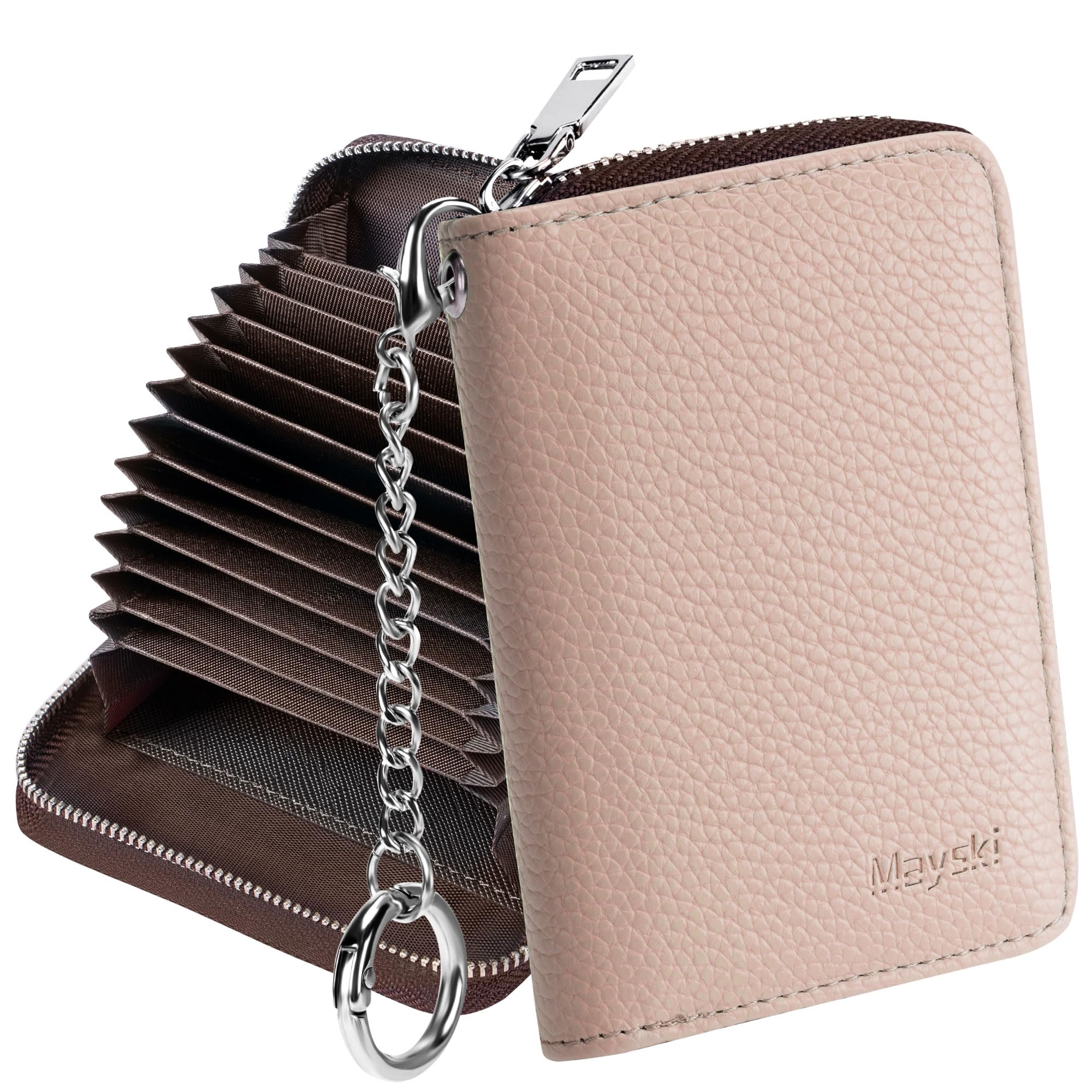 Mayski Credit Card Holder, Zipper Credit Card Wallet for Women, Small Accordion Card Cases Holder, KeyChain Wallet, Business Card Holder, Beige