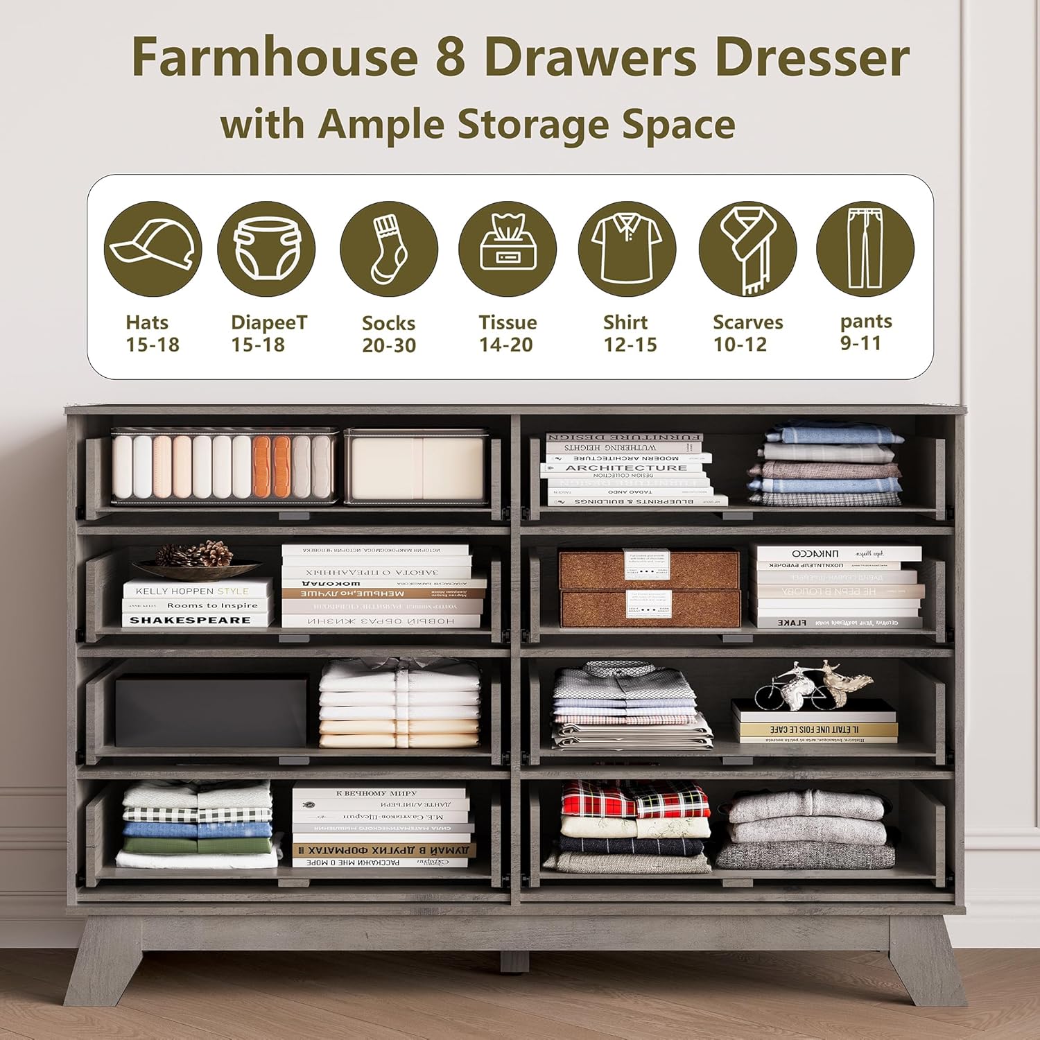 Fluted Dresser for Bedroom, 8 Drawer Dressers & Chest of Drawers, Mid Century Modern Dresser for Closet Boho Bedroom Furniture, Nature Wood Chest of Drawers Storage Organizer for Living Room,Grey