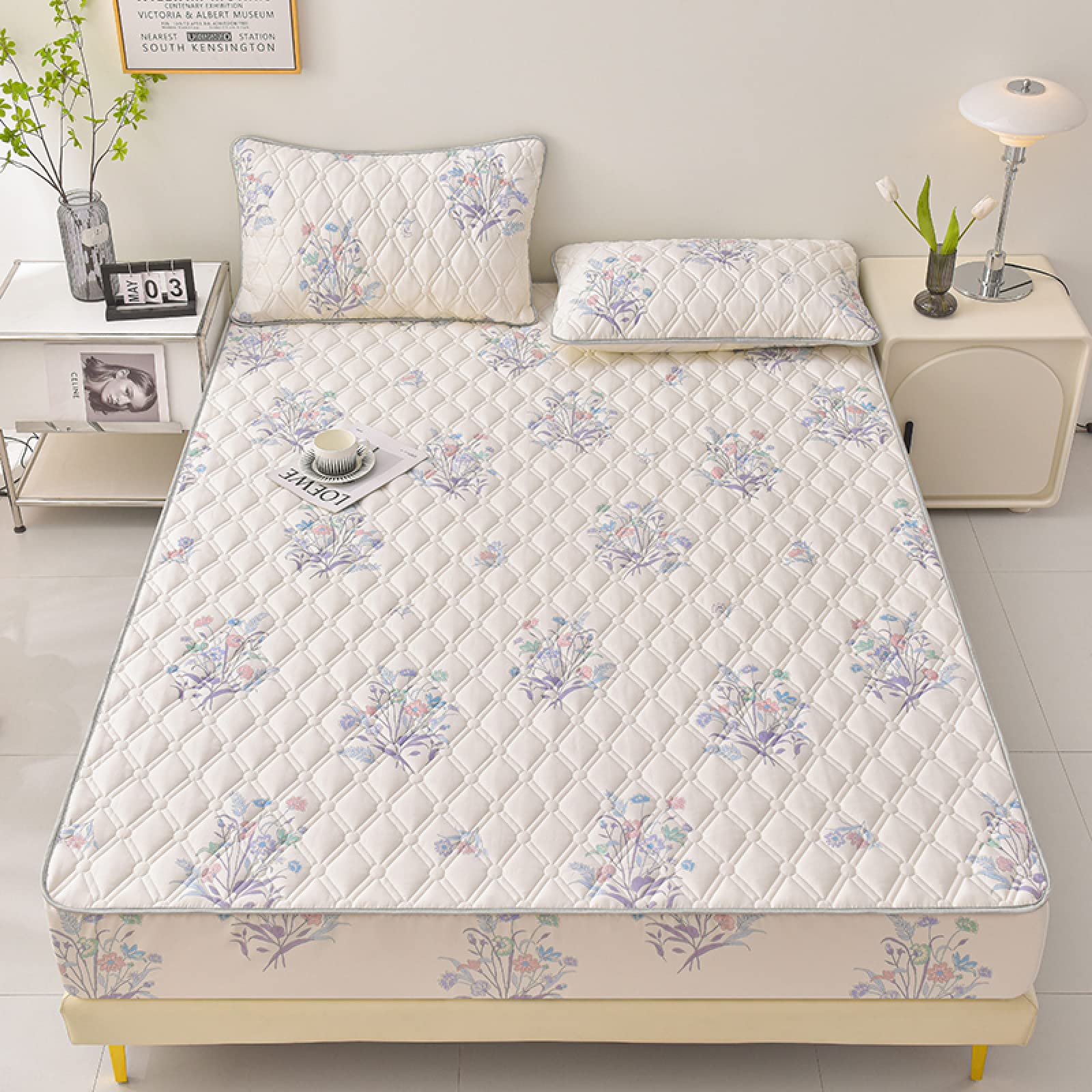 Spannbetttuch Hautsympathisch 180 x 200cm, verdicken, Gesteppte Matratzenauflage, gestepptes Bettlaken und Kissenbezug, Matratzen-Schlafzimmer für Jungen und Mädchen