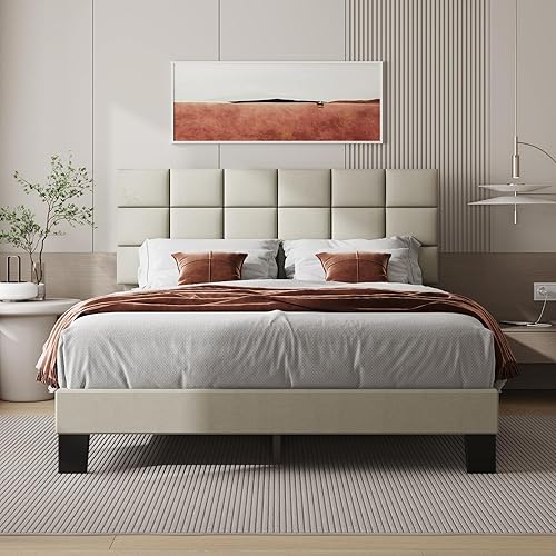 Lifezone Base de cama matrimonial con cabecero tapizado, con cabecera capitoné de lino, soporte de listones de madera, no necesita boxeo, pies