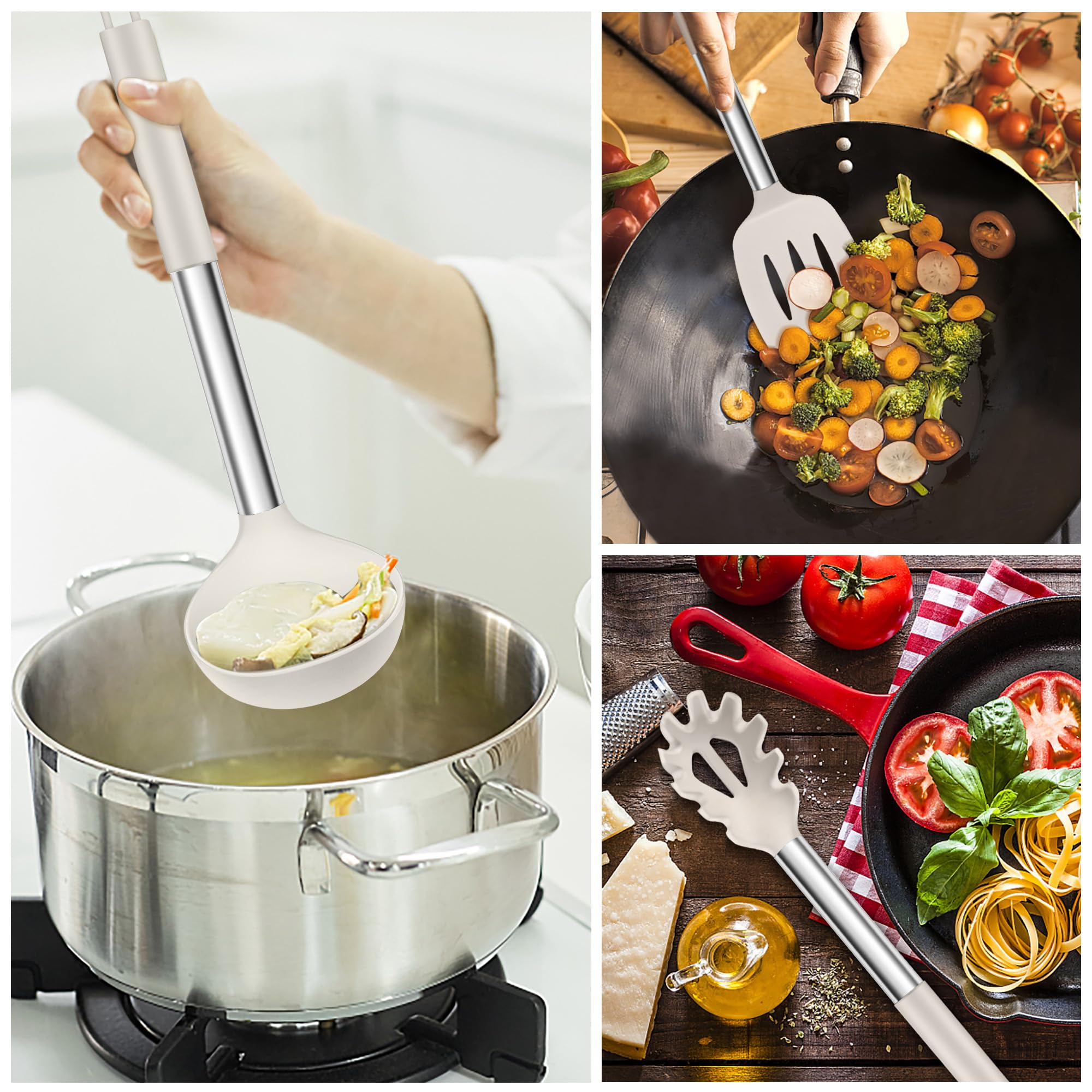 Herogo Set di utensili da cucina, 6 utensili da cucina in silicone, resistenti al calore, con manico in acciaio inox, antiaderenti, spatola, cucchiaio, pinze per pentole, facili da pulire, colore: