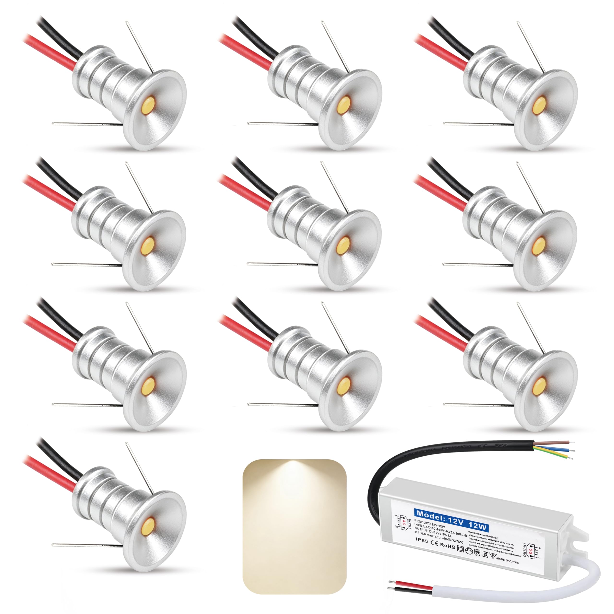 10 PCS Mini Spot Lights 0.5W 12V LED Ceiling Spotlights Ultra Small 10mm Cutout Recessed Spot Light IP65 Natural White Led Downlight for Showcase,Kitchen,with transformer (Silver, Natural White 4000K)