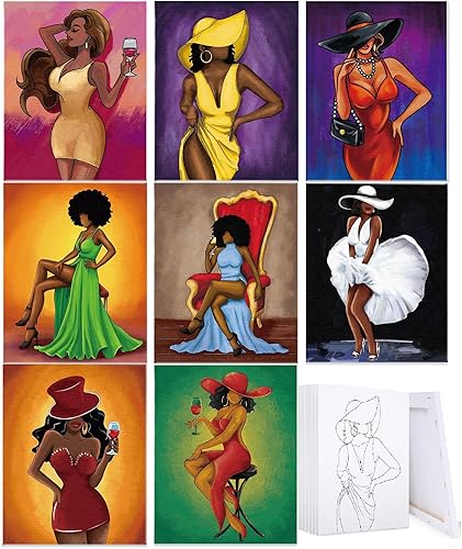 Miniatura 6 de 8 lienzos predibujados para pintar para adultos y niños, contorno de lienzo preestirado para pintar y sorber tema de reina afro y kit de piant para