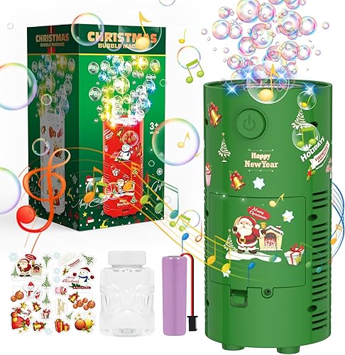 PANACARE - Máquina automática de burbujas de fuegos artificiales, juguete soplador de burbujas, 13 agujeros, luces LED, música de Navidad, 2.7 fl