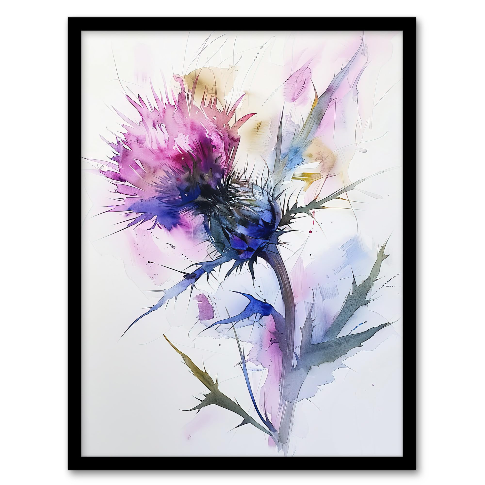 Artery8 Thistle Flower Watercolour Painting - Framed Wall Art - W12xH16 inch - Purple
