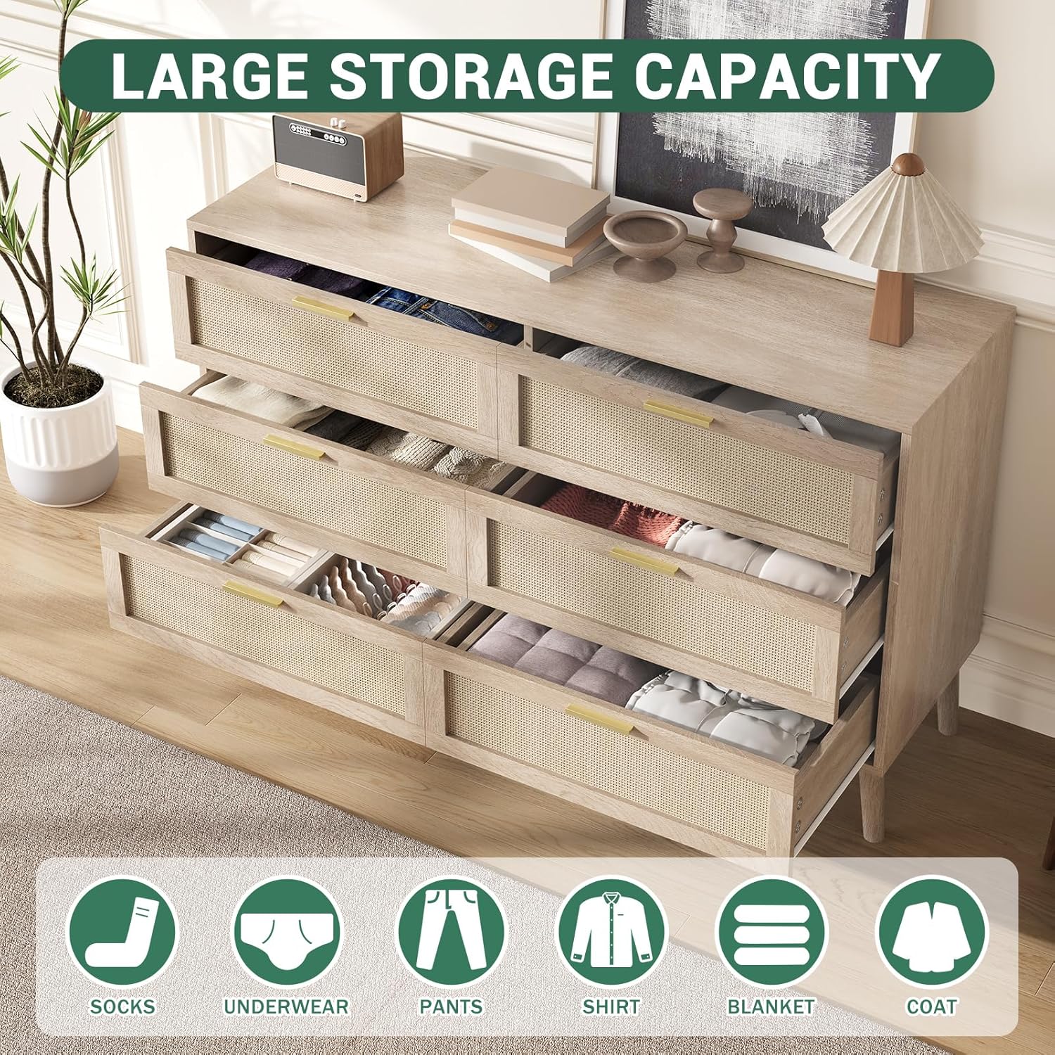 En overhead view of the 6-drawer rattan dresser with several drawers open, revealing neatly organized clothes and accessories inside, demonstrating large storage capacity.