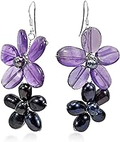 Vista 2 de Pendientes colgantes de plata de ley 925 con amatista simulada y perla negra cultivada de agua dulce, Vidrio