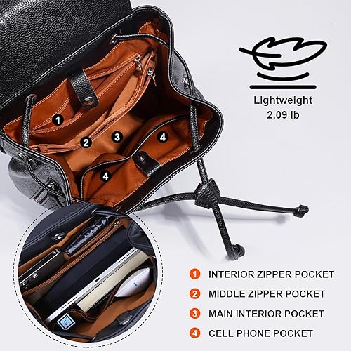 Miniatura 4 de Mochila de cuero para mujer bolso de cuero genuino con diseño multiusos, bolsos de hombro para mujer, mochila de viaje, Negro -, Mochilas Daypack