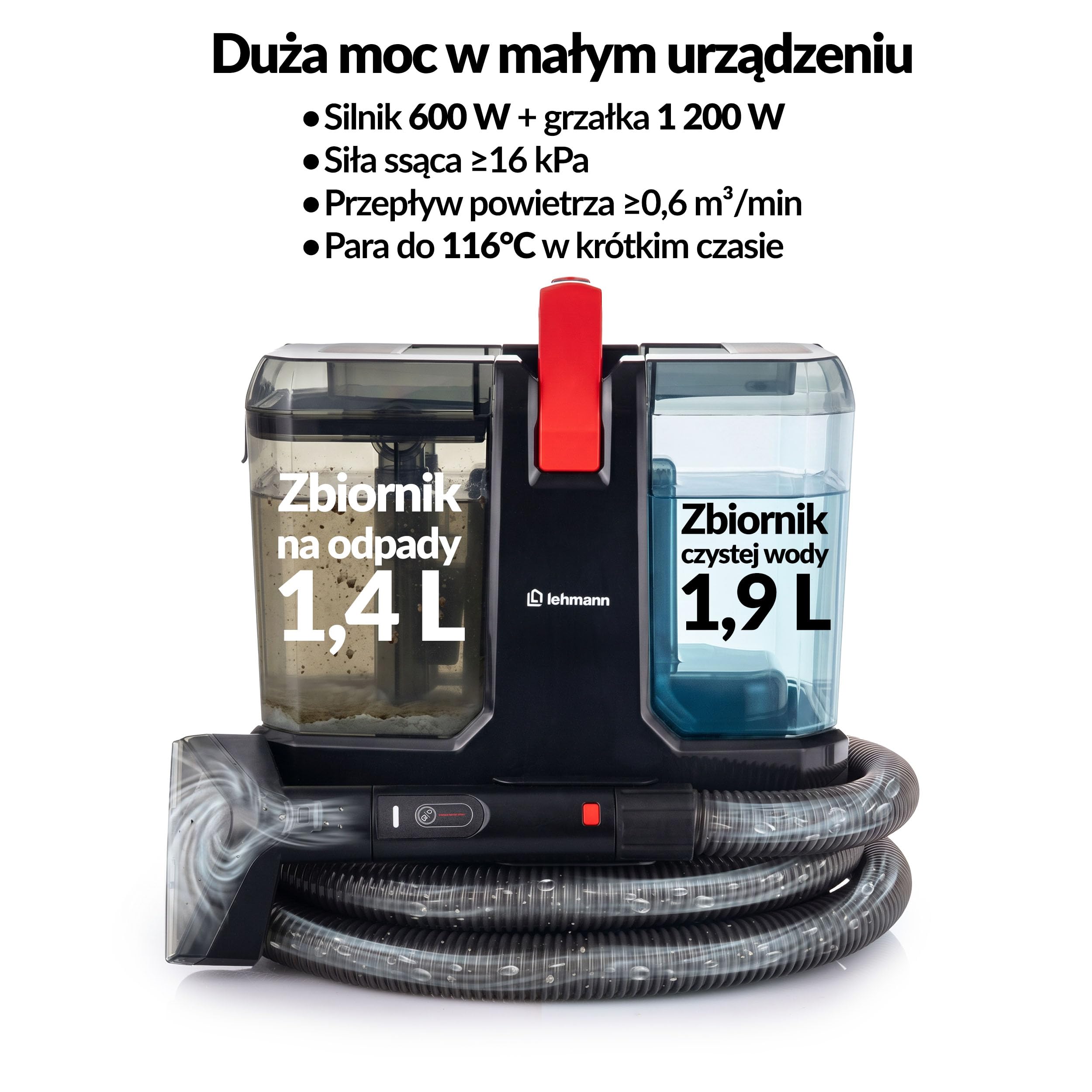 LEHMANN SteamWash 1800 Odkurzacz Piorący i Parownica 4w1, Pranie Tapicerki i Dywanów Ciepłą Wodą 60°C oraz Parą 116°C, Moc Ssania 16 kPa, Urządzenie do Czyszczenia Sof, Samochodu i Domu