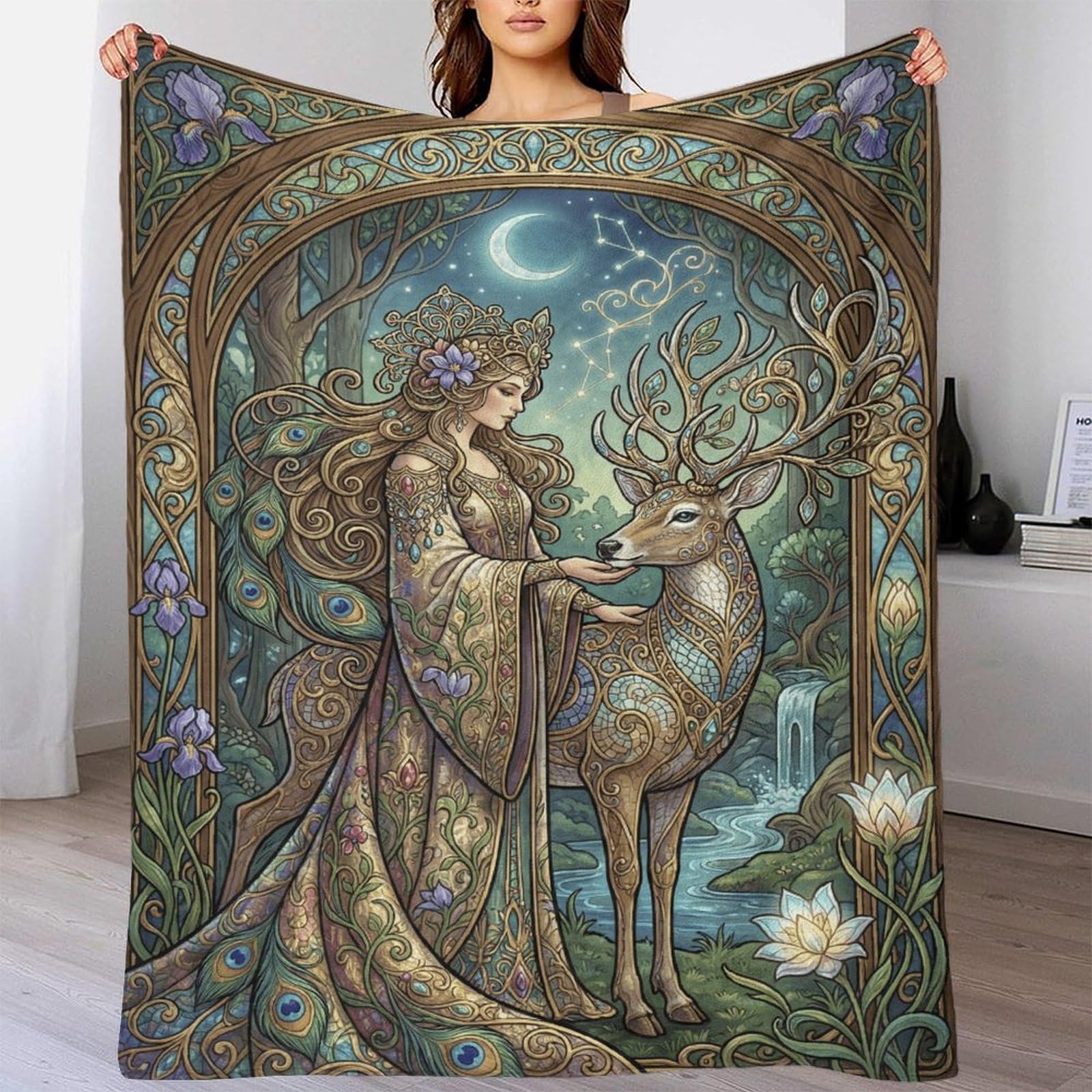 W7C8U2X3 Art Nouveau Mucha Deer Flannel Throw Blanket, Couch Bed Travel