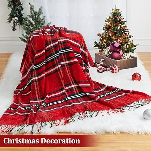Miniatura 2 de CAROMIO Manta de felpilla a cuadros navideños para sofá, color rojo y verde, manta de punto suave con flecos y borlas para el hogar, sofá, silla y